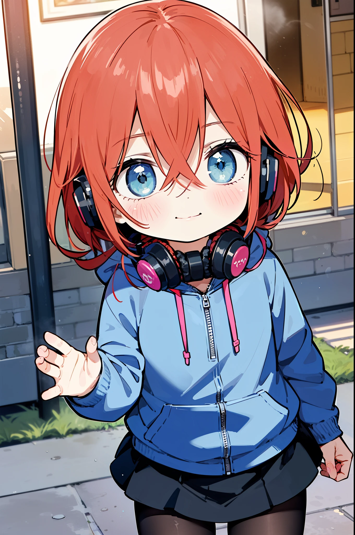 miku nakano, Nakano Miku Ticket III, long hair, bangs, blue eyes, brown hair, hair between eyes, blush,smile,Headphones around the neck 1:1,blue hoodie,wearing a hood,Green pleated skirt,gray pantyhose,short boots,I put my hand in my hoodie pocket..,sunrise,morning,morning日,blow bubble gum, ピンクの風船ガム
break outdoors, city,building street,
break looking at viewer, (cowboy shot:1.5), 
break (masterpiece:1.2), highest quality, High resolution, unity 8k wallpaper, (shape:0.8), (thin and beautiful eyes:1.6), highly detailed face, perfect lighting, Very detailed CG, (perfect hands, perfect anatomy),