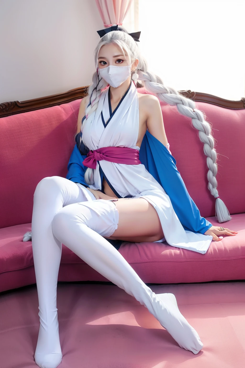 1girl, solo, long hair, breasts, thighhighs, jewelry, medium breasts, very long hair, full body, ponytail, weapon, braid, white hair, earrings, mask, covered mouth, kimono, bodysuit, sitting on a cozy couch,crossing legs,soft light