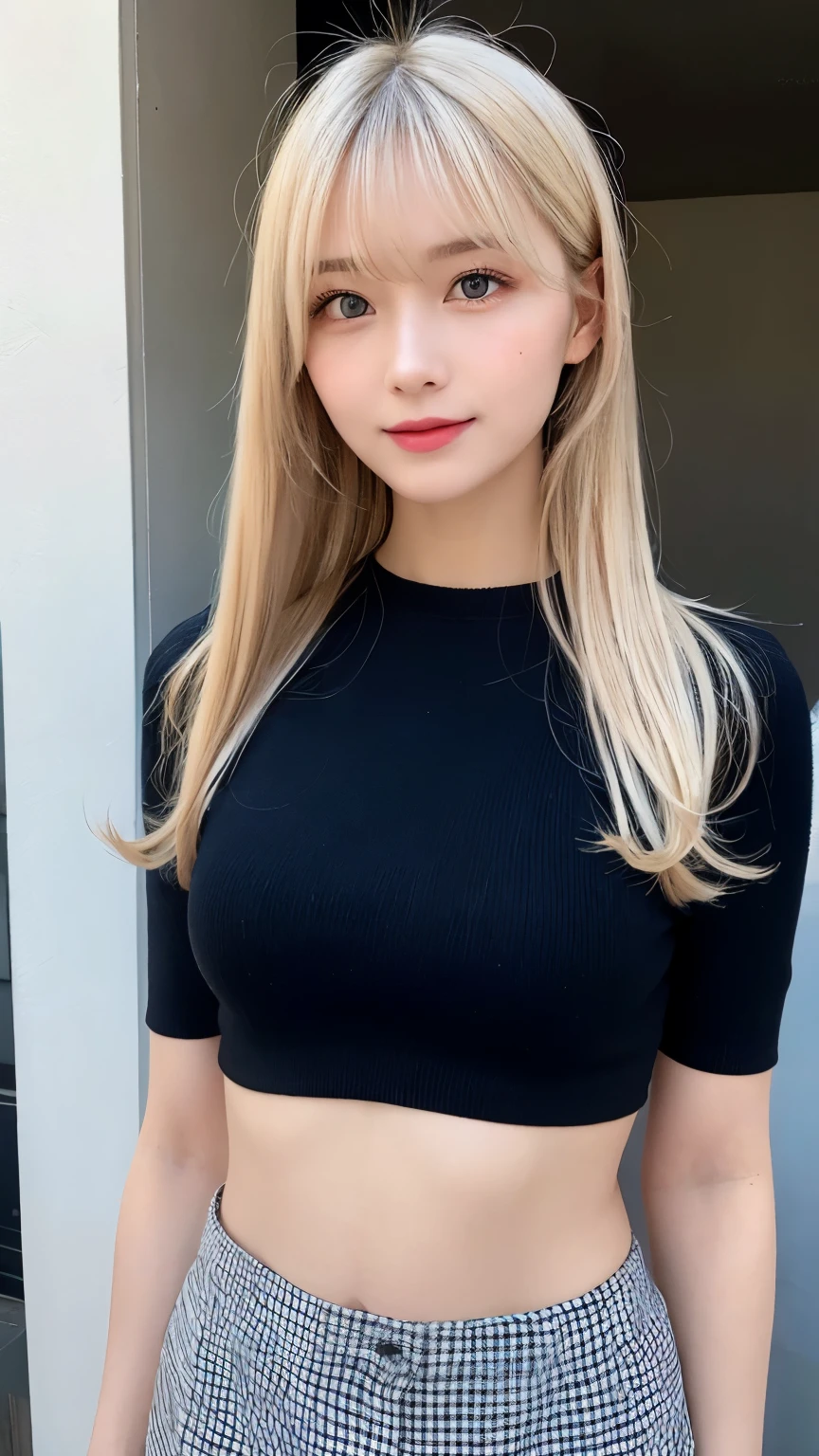 highest quality、8k masterpiece、ultra high resolution、(realistic:1.3)、RAW photo、Shining blonde Scandinavian beautiful girl、Beautiful shiny platinum blonde hair、super long straight hair、bangs between eyes、Very beautiful bright light blue eyes、very big eyes、Eyes shining towards the camera、neon details、small face beauty、round face、cheek gloss highlight、sexy big breasts,A 13-year-old beautiful girl looks sexy and cute & cute beautiful sexy face, The strong wind blows the hair in front of my face,Beautiful super long metallic blonde straight hair with beautiful cute and sexy eyes hidden behind long bangs、Navel Shirt、Very short yellow and black checked miniskirt、Turn around and look at me with a smile、