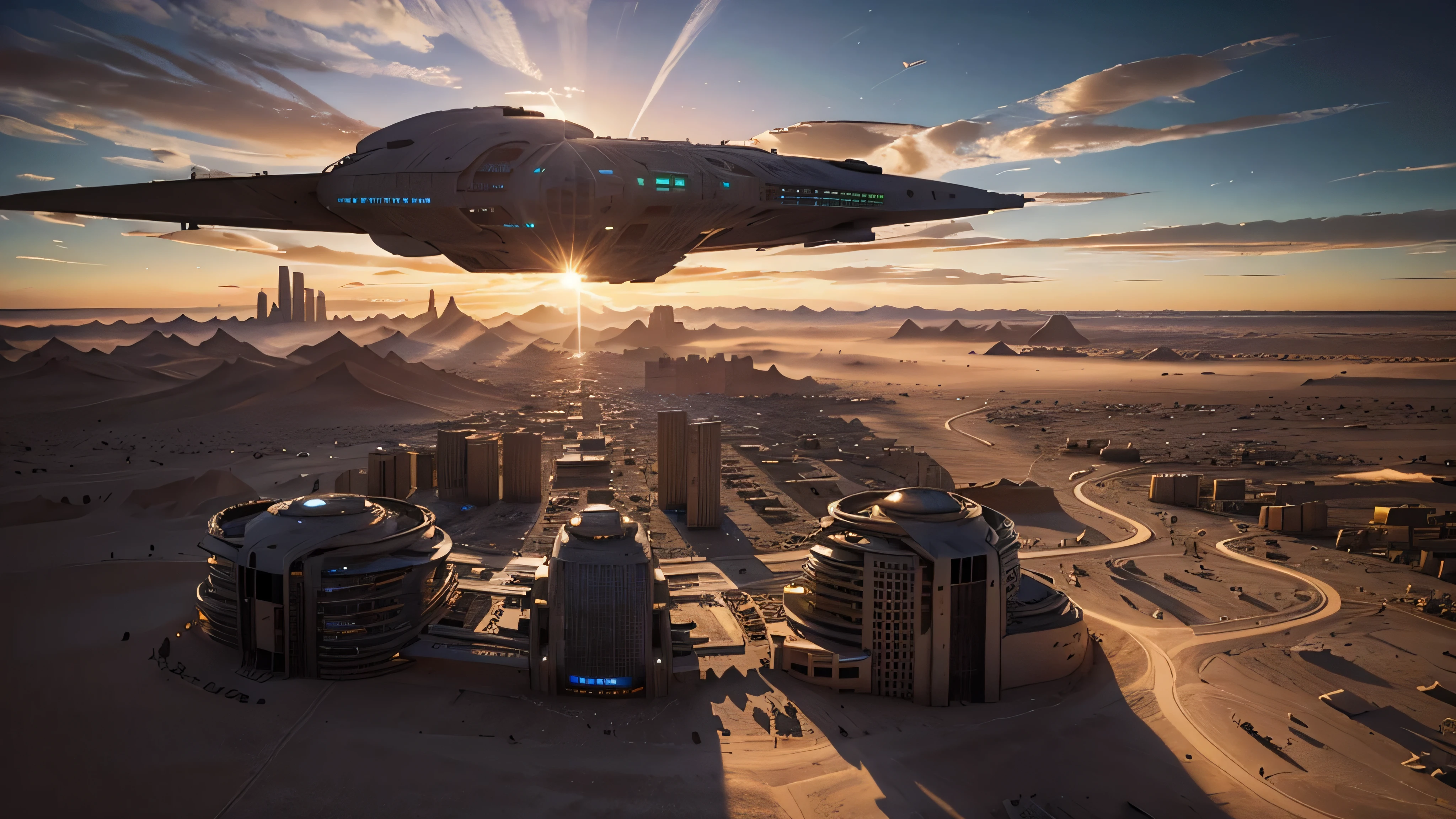 Crea una imagen de una ciudad futurista en el desierto, with flying vehicles, muchos letreros luminosos, Large buildings defying gravity under a beautiful cloud-filled sunset.