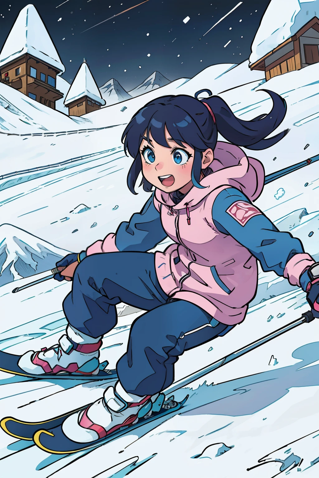 Girl Skiing: ultra-detailed, vibrant colors, manga style, sharp focus, ski equipment and clothes depicted in high detail, snowy mountains in the background with soft shadows, expressive facial expression showing excitement and determination, action lines conveying movement, charming and playful tone.