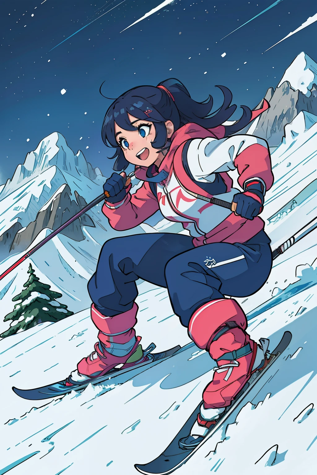 Girl Skiing: ultra-detailed, vibrant colors, manga style, sharp focus, ski equipment and clothes depicted in high detail, snowy mountains in the background with soft shadows, expressive facial expression showing excitement and determination, action lines conveying movement, charming and playful tone.