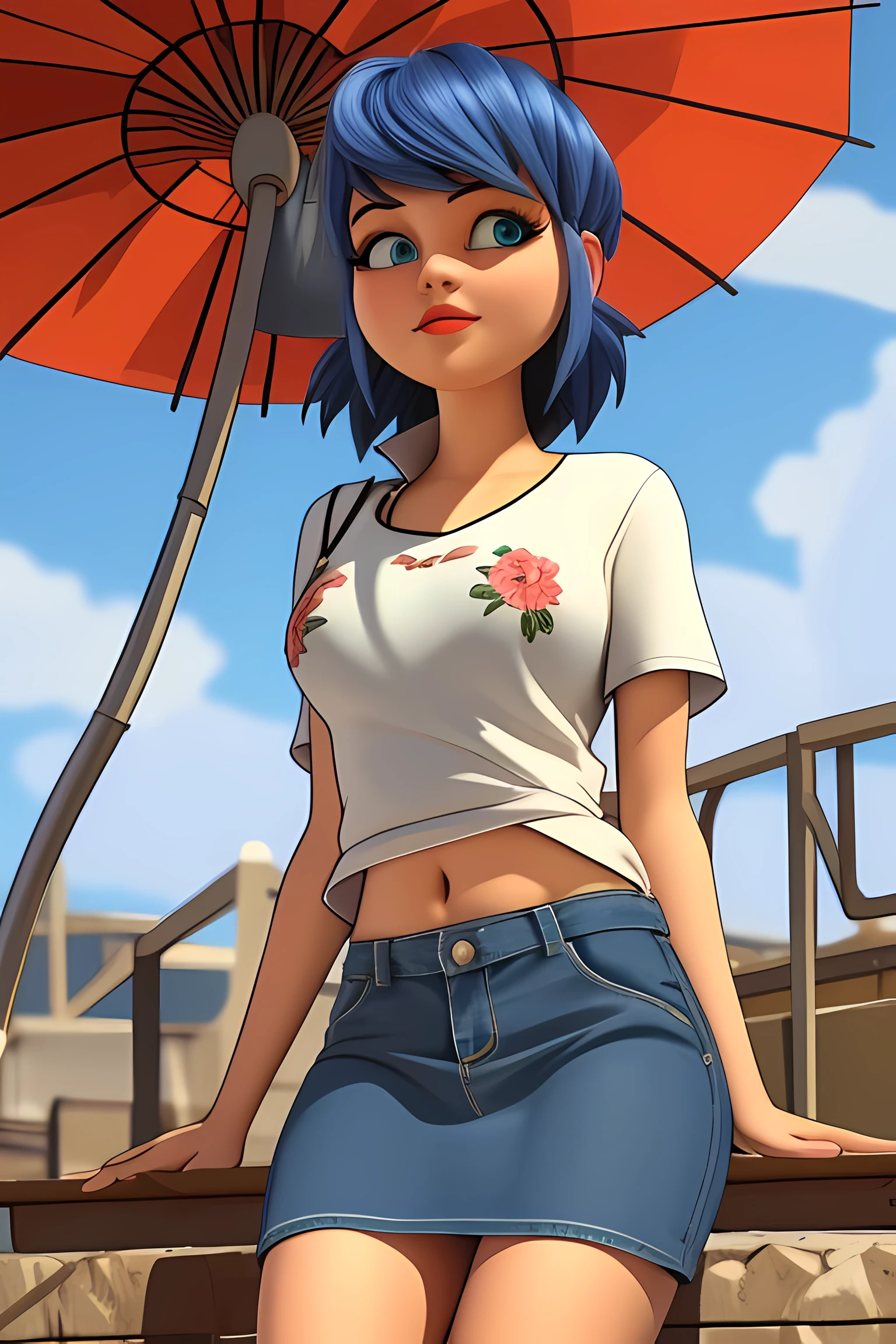 (8k, RAW photo, best quality, masterpiece:1.2), (intricate details), perfect eyes, perfect face, perfect lighting, beautiful, (masterpiece:1.2), (best quality:1.2), 1girl, solo, marinette, blue hair, ((long loosen hair)), adult torso, ************, slight smile, big sized breasts, (denim skirt, short skirt, red navel t-shirt), cowboy shot, 3DMM, seated, sunglasses, cap, holding an umbrella, front view