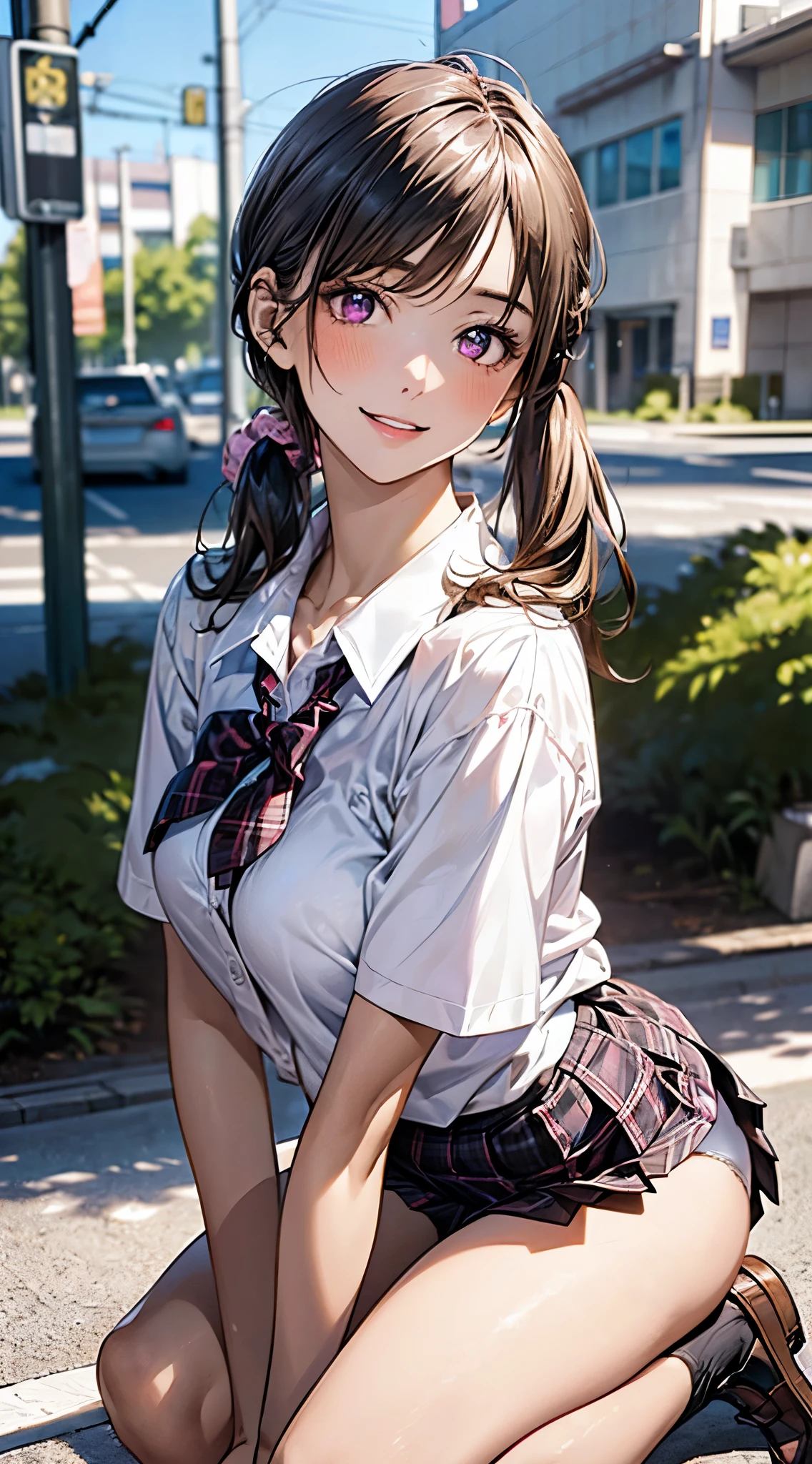 (masterpiece:1.2, top-quality), ultra high res, ultra detailed, (realistic, photorealistic:1.4), beautiful illustration, perfect lighting, colorful, depth of fields,
looking at viewer, full body, front view:0.6, 1 girl, solo, japanese, high school girl, gyaru, (large breasts:0.8, large ass, seductive thighs, skindentation),
(long hair:1.5, side ponytail), light brunette hair, asymmetrical bangs, purple eyes, parted lips, (very tanned shiny skin),
beautiful hair, beautiful face, extremely detailed face, beautiful detailed eyes, beautiful clavicle, beautiful body, beautiful chest, beautiful thigh, beautiful legs, beautiful fingers,
(beautiful scenery), daytime, outdoor,
((collared short sleeve shirt, white shirt, school uniform, pink plaid pleated skirt, black tie)), white panties, polka dot hair scrunchie,
(kneeling, sexy pose), (seductive-smile),