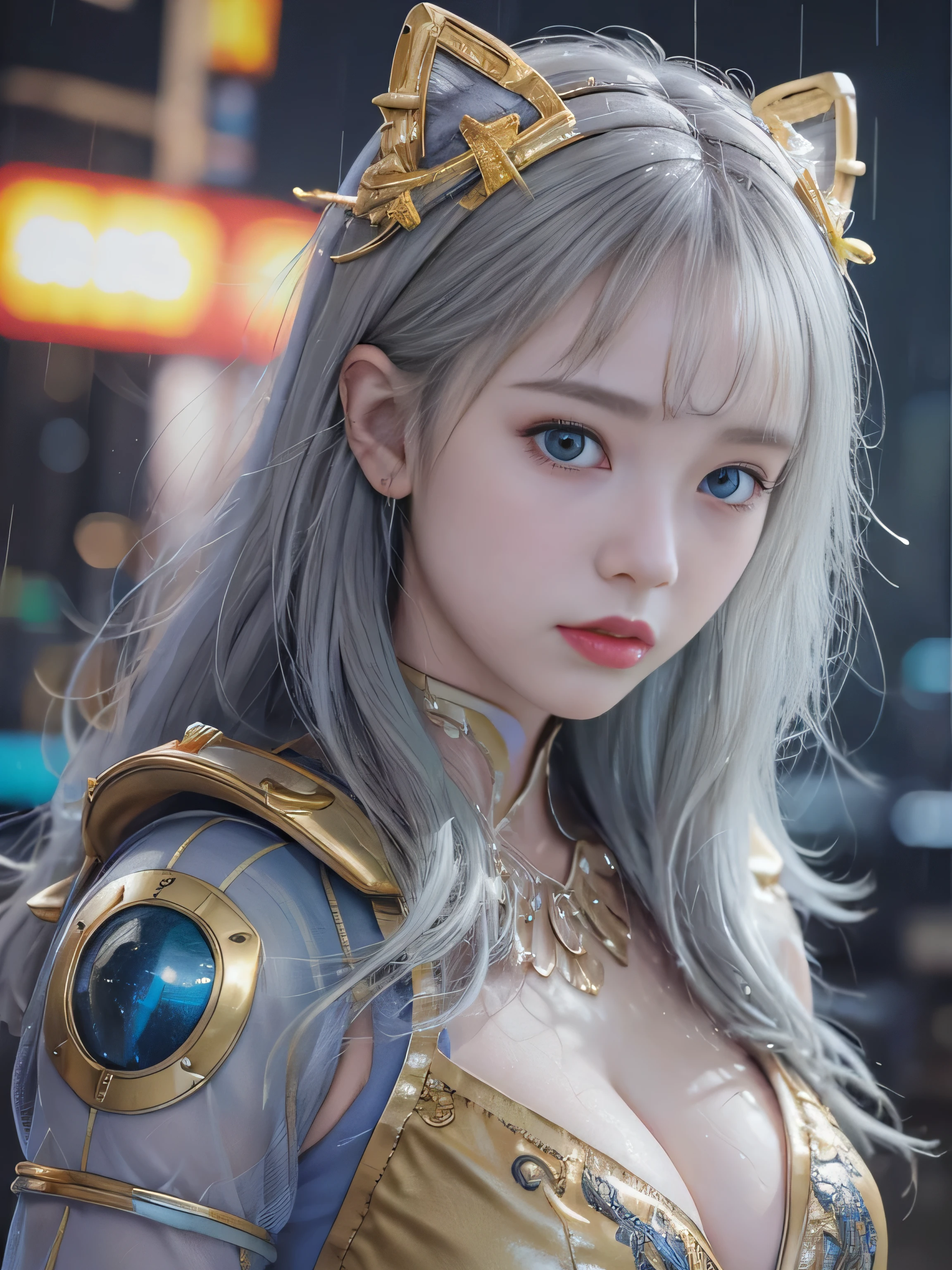 highest quality、masterpiece、超A high resolution、(Photoreal:1.4)、RAW photo、Detailed CG image quality、cyber punk、beautiful feces、1 girl、(silver hair), (gold hair ornament:1.4)、(angel costume:1.4)、cleavage、(Pure White Syntex Suit)、(sky blue eyes:1.2), (shining eyes), (Fierce thunder emitted from fingers:1.4). detailed portrait、8K quality、bright colors、concept art、cinematic and dramatic atmosphere、sharp focus、volume lighting、movie lighting、Get studio quality、(colorful neon lighting)、written boundary depth、environmental lighting、blurred foreground、blurred background:1.3、(rainy evening:1.4), (Severe lightning strike:1.4),