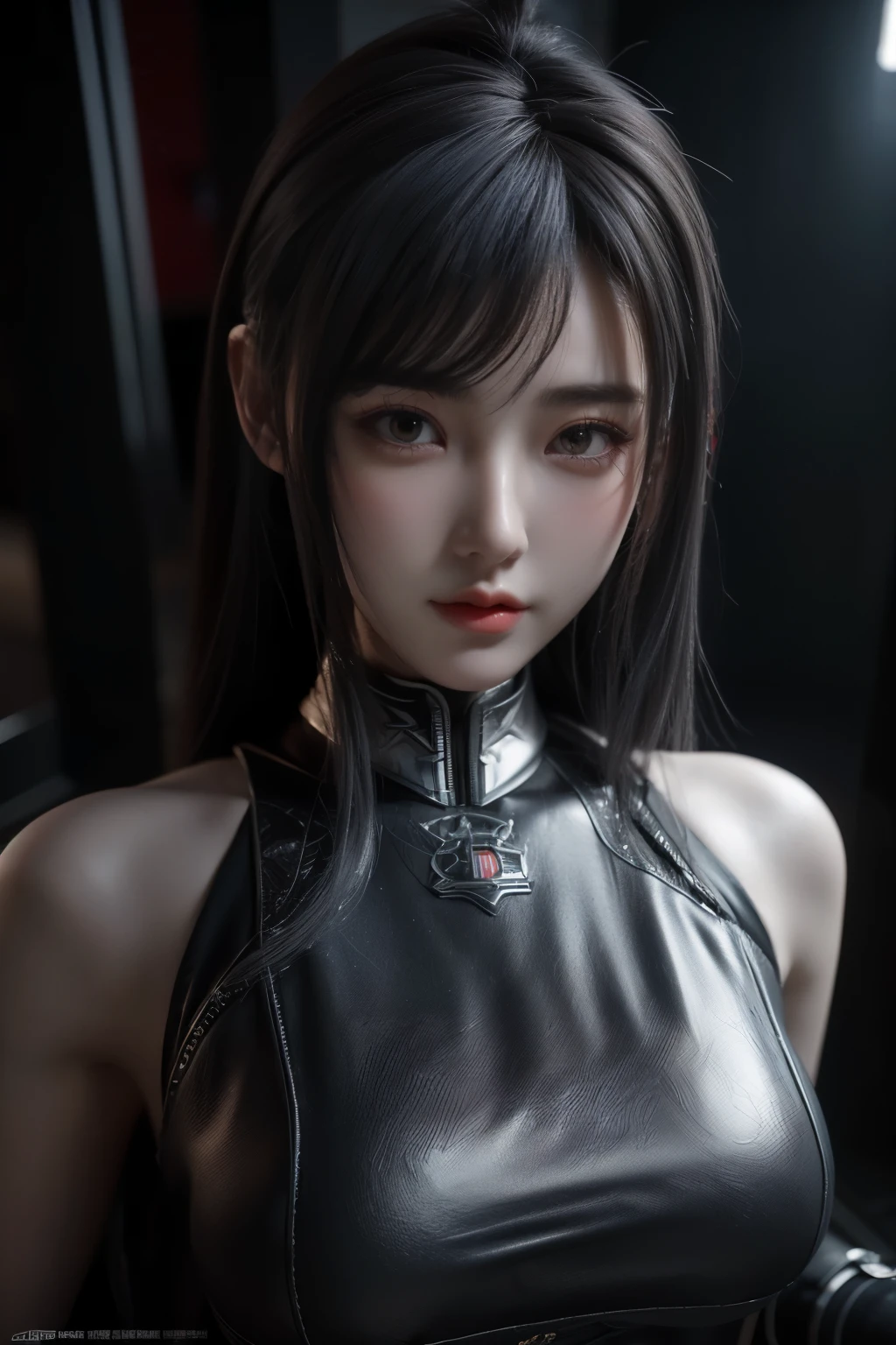 Masterpiece,Game art,The best picture quality,Highest resolution,8K,(Portrait),Unreal Engine 5 rendering works,(Digital Photography),((Portrait Feature:1.5)),
20 year old girl,Short hair details,With long bangs,(The red eye makeup is very meticulous),(With long gray hair:1.4),(Large, full breasts),Elegant and noble,Brave and charming,
(Future armor combined with the characteristics of ancient Chinese armor,Hollow design,Power Armor,The mysterious Eastern runes,A delicate dress pattern,A flash of magic),Warrior of the future,Cyberpunk figures,Background of war,
Movie lights，Ray tracing，Game CG，((3D Unreal Engine))，OC rendering reflection pattern