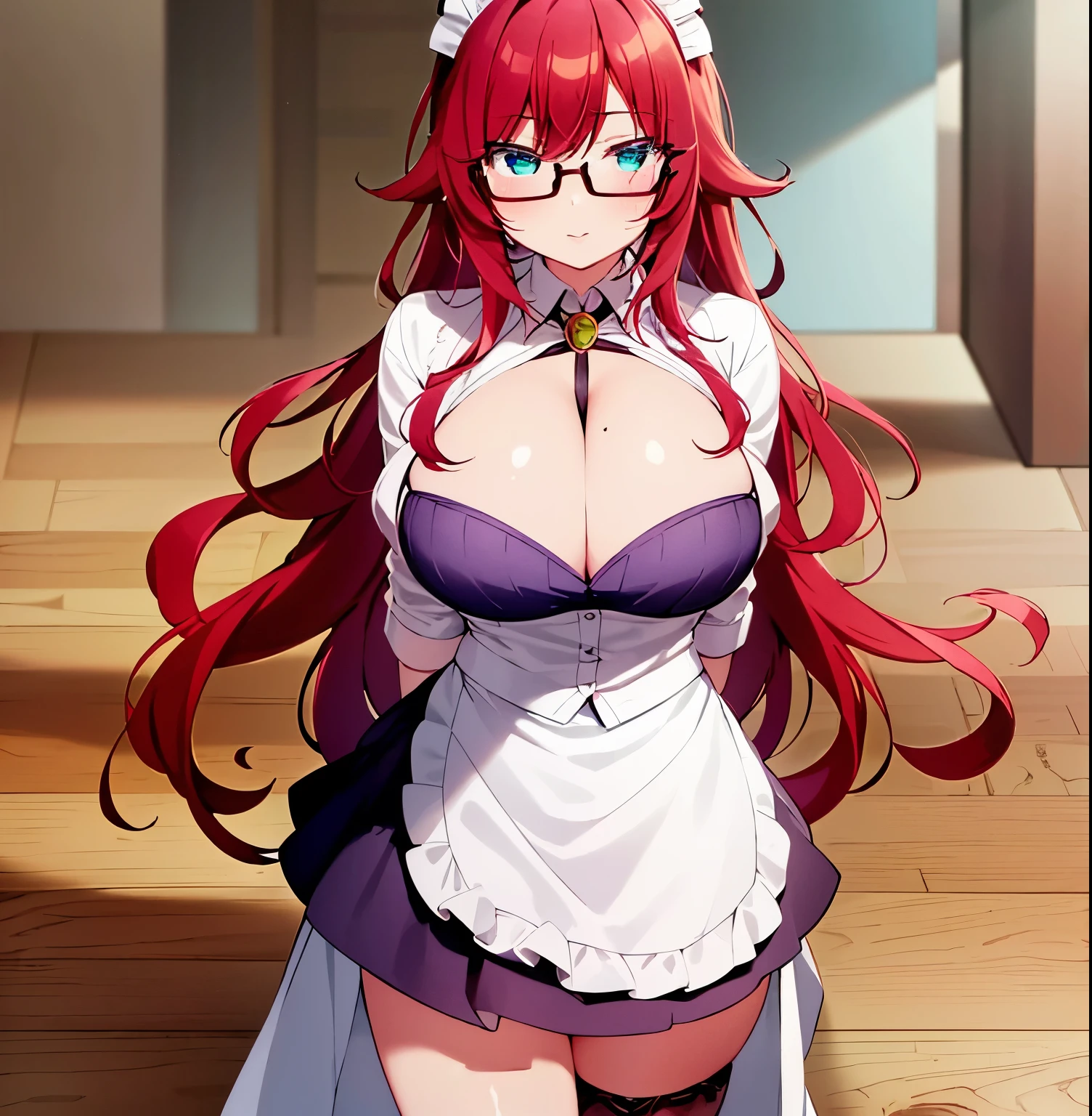 masterpiece, best quality, highres, 1girl, solo, kusuri yakuzen, large breasts, red hair, turquoise eyes, long hair, maid uniform, maid hat, apron, beach, eyewears, glasses, full body, standing, arms behind back,perfect hands, perfect anatomy