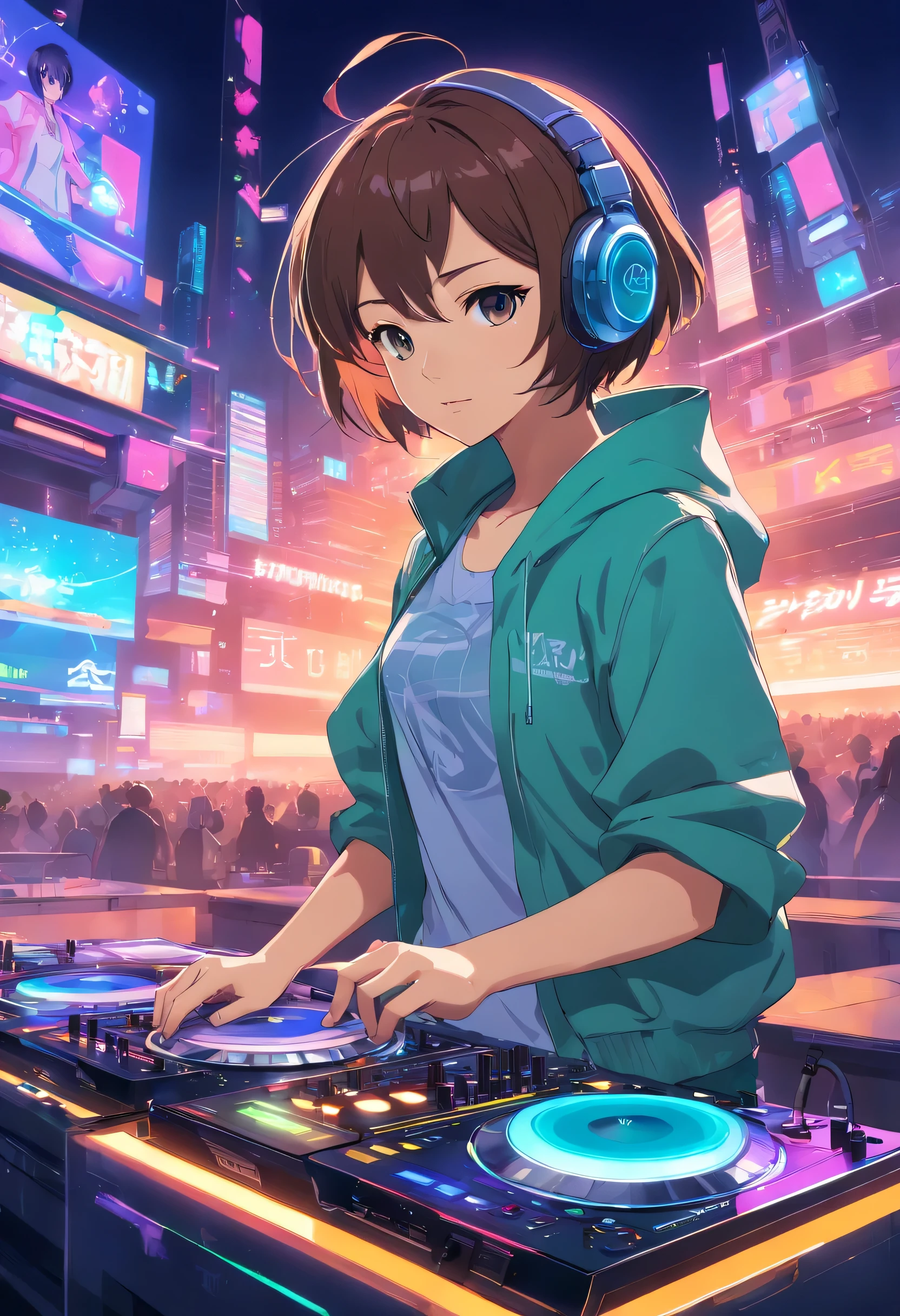 I want a visual representation of a DJ in action.. The DJ is in front of a mixing console., surrounded by neon colors that illuminate the scene. Su outfit es estilo cyberpunk., with futuristic details and a modern aesthetic. La DJ femenina aparece en el centro de la imagen., with a dynamic and confident pose. behind that, A transparent background creates a depth effect and allows the image to easily adapt to a printed t-shirt. I want the image to transmit energy., style and passion for electronic music.