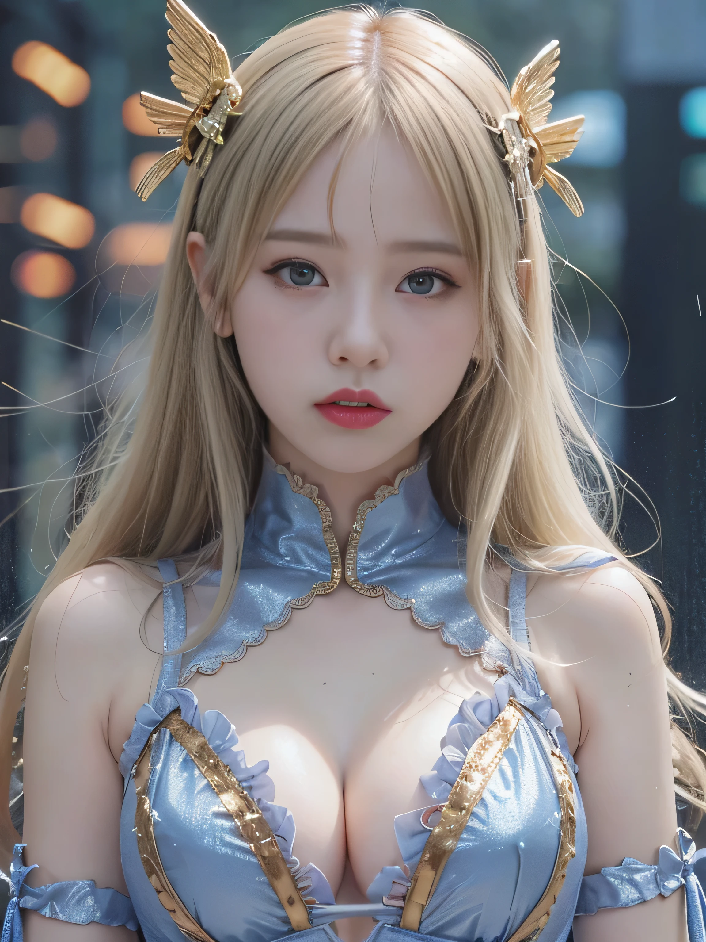 highest quality、masterpiece、超A high resolution、(Photoreal:1.4)、RAW photo、Detailed CG image quality、cyber punk、beautiful feces、1 girl、(silver hair), (gold hair ornament:1.4)、(angel costume:1.4)、cleavage、(Pure White Syntex Suit)、(sky blue eyes:1.2), (shining eyes), (Fierce thunder emitted from fingers:1.4). detailed portrait、8K quality、bright colors、concept art、cinematic and dramatic atmosphere、sharp focus、volume lighting、movie lighting、Get studio quality、(colorful neon lighting)、written boundary depth、environmental lighting、blurred foreground、blurred background:1.3、(rainy evening:1.4), (Severe lightning strike:1.4),