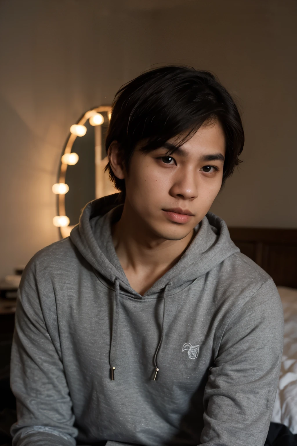 27 year old Filipino Guy with curly short hair on a black hoodie covering face on the bed with lights off