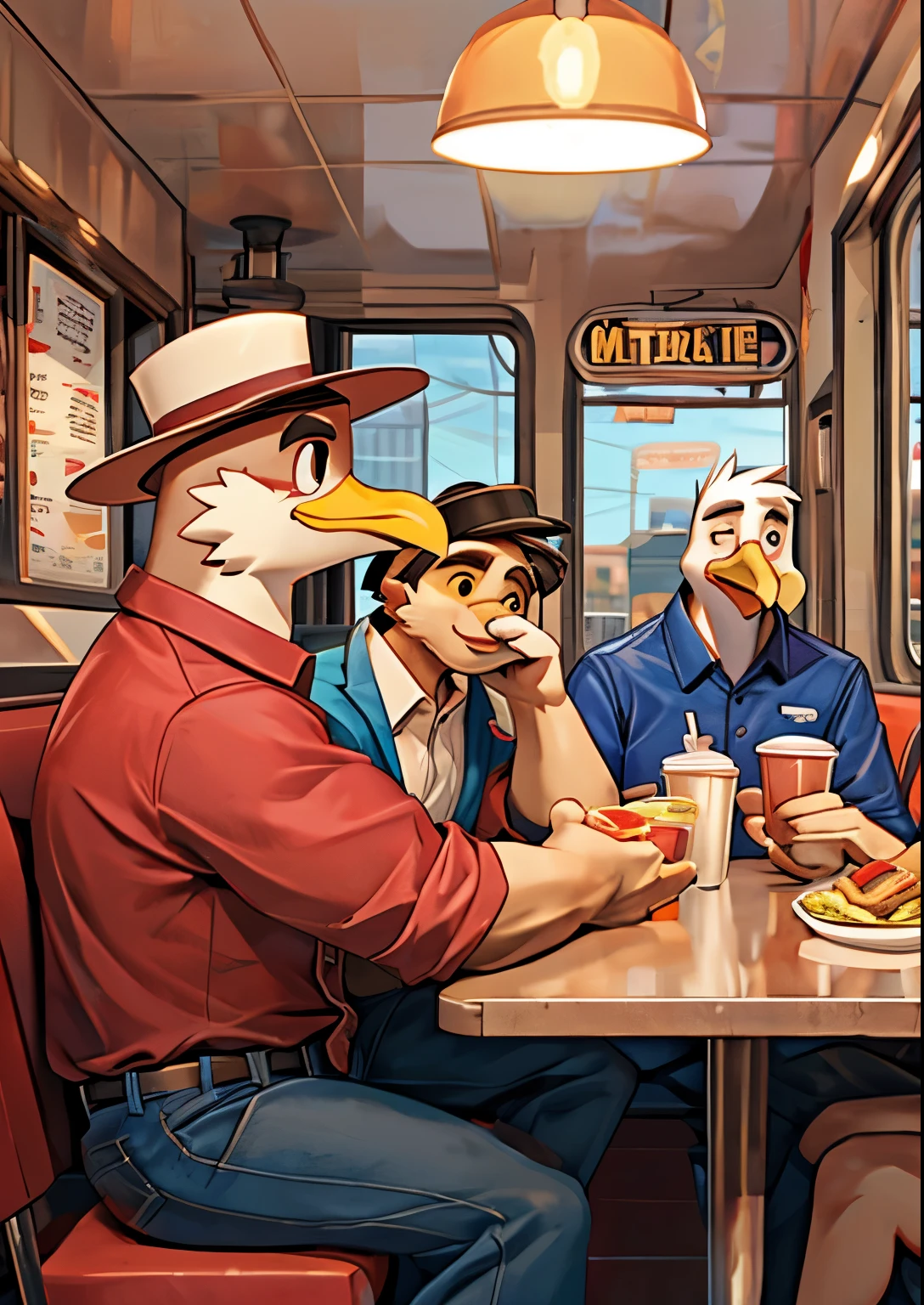 Male seagull, sitting in a booth at a diner with a group of friends, eats french frie from neighbor to the right of him, seagull wearing ta tan beach hat and a red unbuttoned shirt, skinny