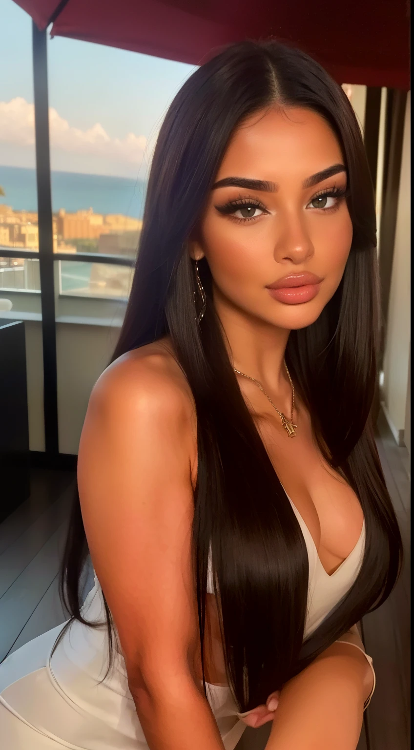 Jeune femme brune,Peau marron clair, Instagram was influenced, Tenue des années 90, portrait, Histoire Instagram,((( terrasse restaurant))),long dark hair,(((1fille)),((Une fille)),((JUST Une fille))),(Photographie brute:1.2)、(Photorealistic:1.4)、(chef d'oeuvre:1.3)、(superior quality:1.4)、onirique、(A detailed eye)、(detailed facial features)、((detailed clothing)、(Photographie brute: 1.2)、(Photorealistic:1.4)、、(superior quality:1.4)、onirique、(A detailed eye)、(detailed facial features)、(detailed characteristics of clothing)、Raffermissement de la peau、(Fille mince)、(fille mince)、1 fille dans,peau brune, dark hair 、(tout le corps )、(solo)、mignon(gros seins ronds)、、straight hair detailed eye makeup,pendentif en cristal、(superior quality、8K、32k、chef d'oeuvre、、Photos of pretty Brazilian women、 、(Fille mince)、(fille mince)、(1 fille dans),((french long dark hair))、((( dans un restaurant avec terrasse))),(fashionable outfit),((Poitrine ronde)),((Detailed skin texture)),(16k,chef-d'artwork, prime, maximum resolution quality)),(gros sein rondmaximum resolution quality,((super Detailed skin texture)),((aesthetic de tenue élégante )),stylish clothes, stylish tropical outfit,aesthetic,sunlight falling on the subject's face, ((elegant mine dress))