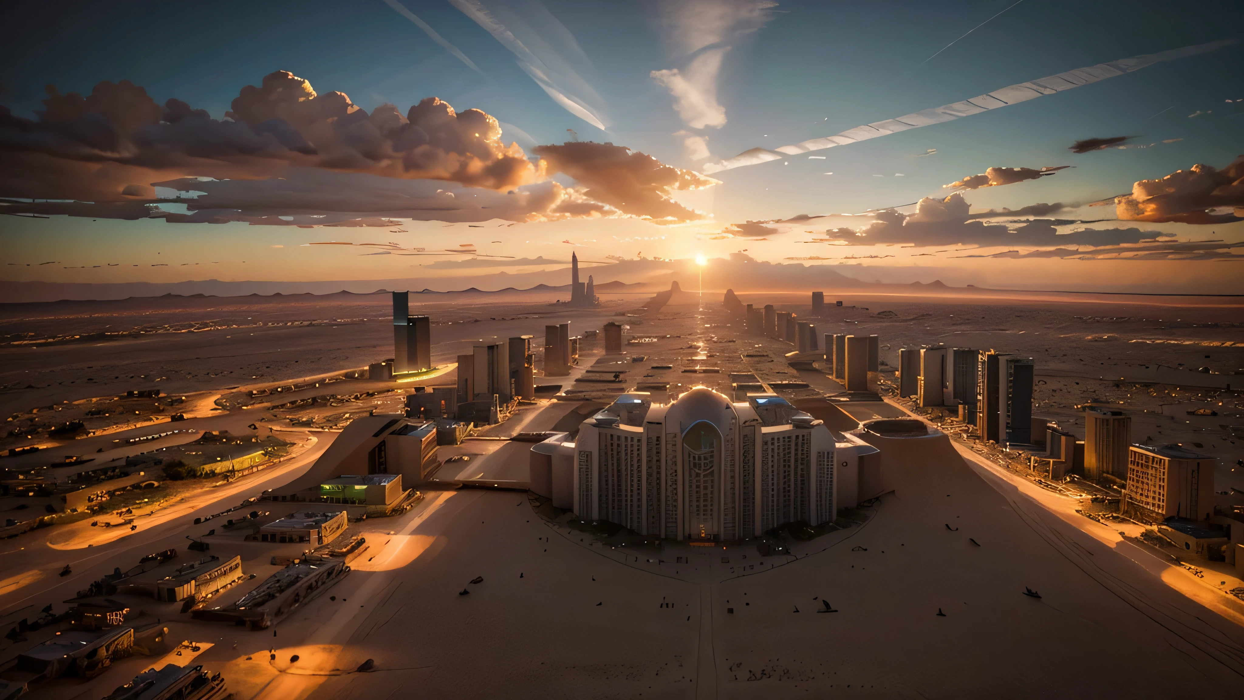 Crea una imagen de una ciudad futurista en el desierto, with flying vehicles, muchos letreros luminosos, Large buildings defying gravity under a beautiful cloud-filled sunset. Pero luego de un holocausto nuclear.