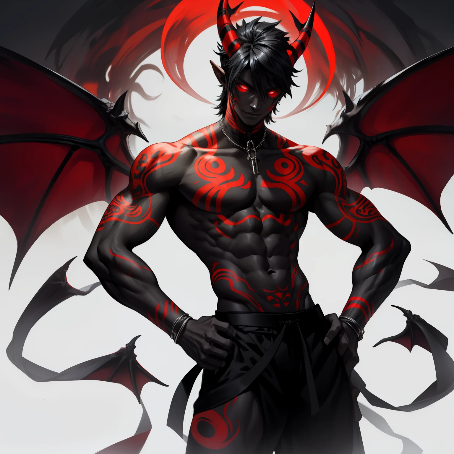 1 chico, corto_oscuro_cabello, rojo_ojos, Demonio_cuernos, sin camisa