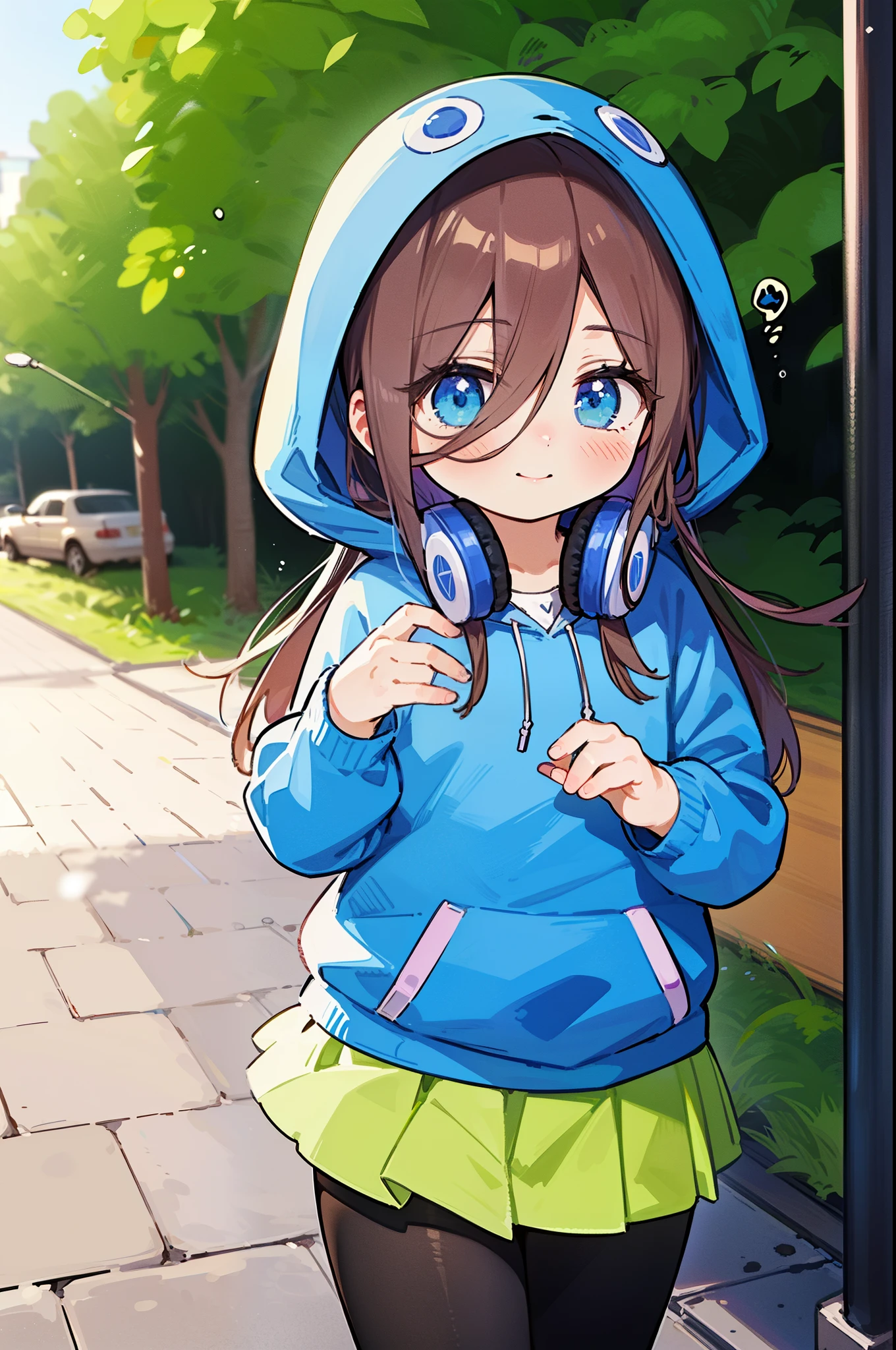 miku nakano, Nakano Miku Ticket III, long hair, bangs, blue eyes, brown hair, hair between eyes, blush,smile,Headphones worn around the neck,blue hoodie,wearing a hood,Green pleated skirt,gray pantyhose,short boots,I put my hand in my hoodie pocket..,sunrise,morning,morning日,blow bubble gum, ピンクの風船ガム
break outdoors, city,building street,
break looking at viewer, (cowboy shot:1.5),
break (masterpiece:1.2), highest quality, High resolution, unity 8k wallpaper, (shape:0.8), (thin and beautiful eyes:1.6), highly detailed face, perfect lighting, Very detailed CG, (perfect hands, perfect anatomy),