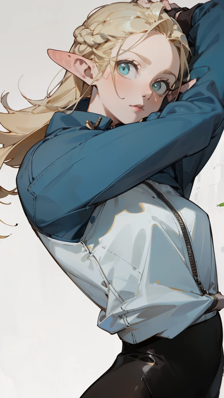 (masterpiece, best quality) detailed, 1character ,  Wearing black tights, silver accessories , zip up , blonde ,elegant, pointed ears ,White shirt