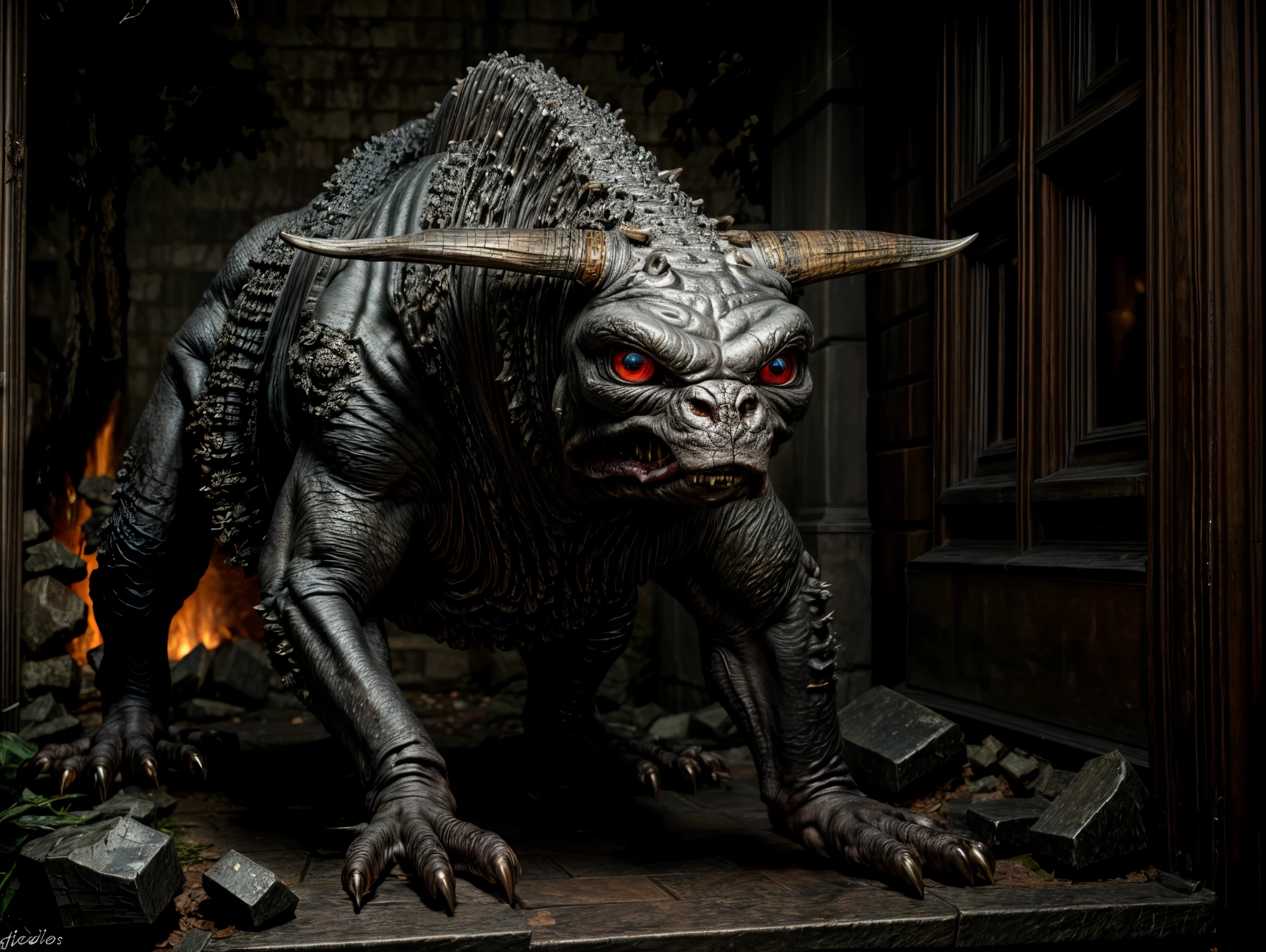 terrordog, feral, solo, looking at viewer, glowing eyes, teeth, (best quality:0.8), [best quality, ultra-detailed, intricate, realistic], detailed background, dark skin, horn, (saliva:0.8), monster, (demon, scales:0.8), claws, (short tail:0.8) high saturation