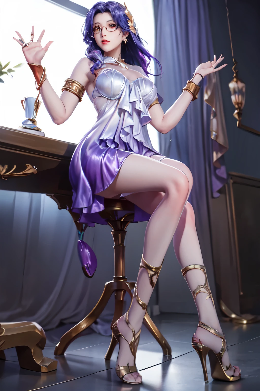 masterpiece,  best quality,  
tthl, 1girl, 30 years old, solo, long hair:1.2, large breasts, bangs, hair ornament, glasses, lasses semi-rimless eyewear:1.2,  under-rim eyewear:1.2, braided ponytail, dress, bare shoulders, jewelry, purple eyes, purple hair, alternate costume, nail polish, white dress,  bracelet, earrings,  short dress, purple dress, bracelet, armlet, ring,toenails, purple nails, high heels, strappy heels, stiletto heels, seductive smile,crossed legs, sitting on object, indoors, from below 