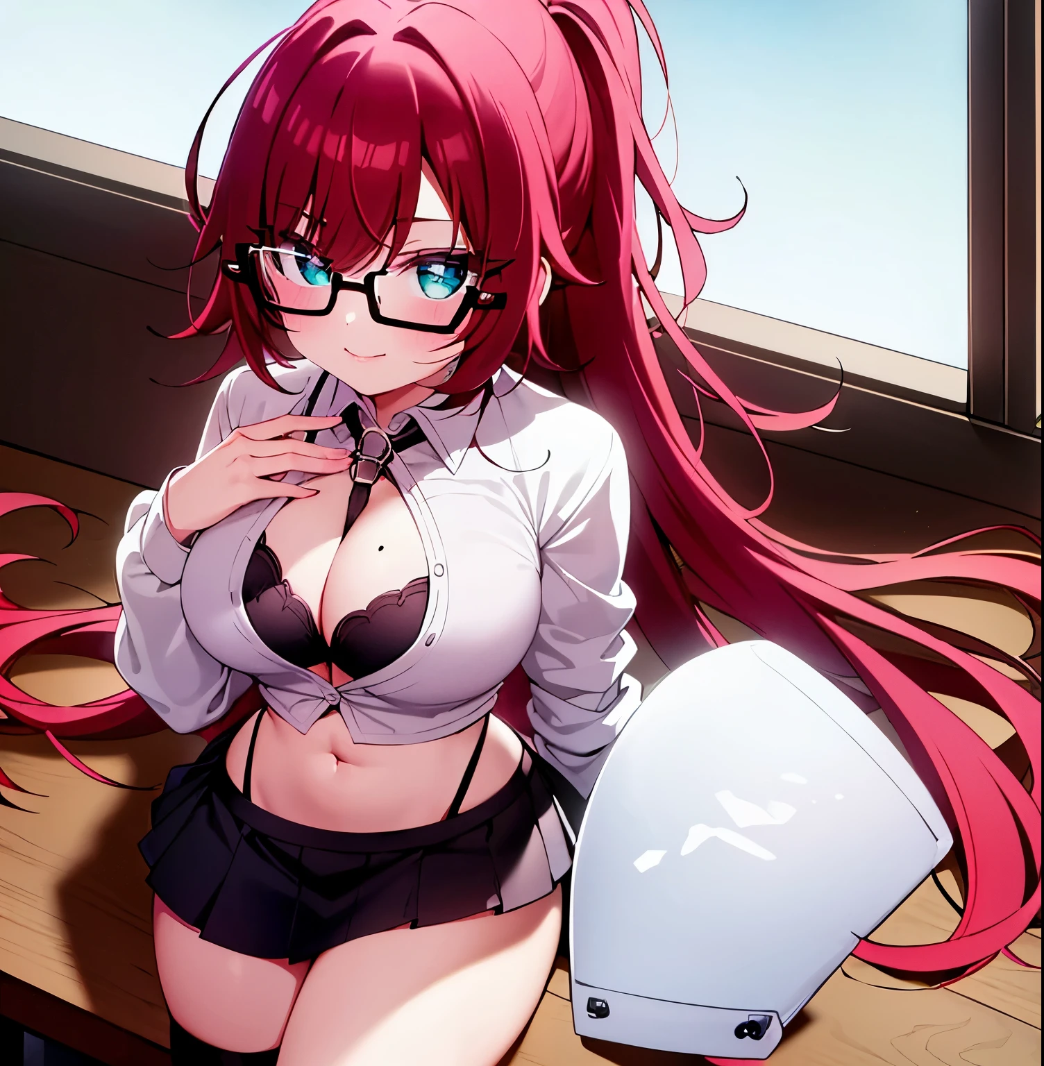 1girl, alone, long hair, red hair, ponytail, red glasses, turquoise eyes, mole on chest, white shirt, open shirt, purple bra, seductive, smiling, closed mouth, makeup, tight black skirt, short skirt, black heels, big breasts , medium waist, wide hips, wide thighs, looking at viewer, pov (from above), laboratory, chemistry room, sitting at table, legs open, good lighting, illuminated window, sunset, good anatomy, good hands
