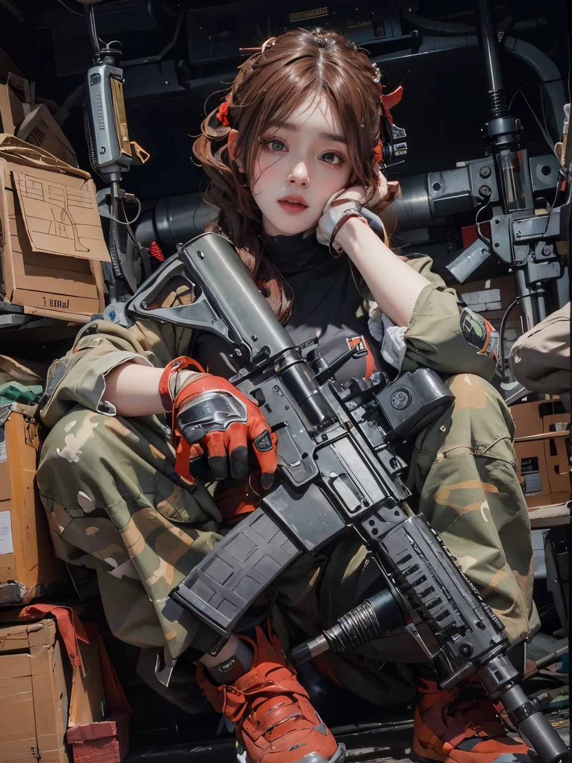 （Change hair only、Face）Reddish-brown hair，Long curly hair，high ponytail，red headdress，red eyes，red eye，red pupils，Delicate and detailed eyes，sparkling eyes，Automatic Rifle