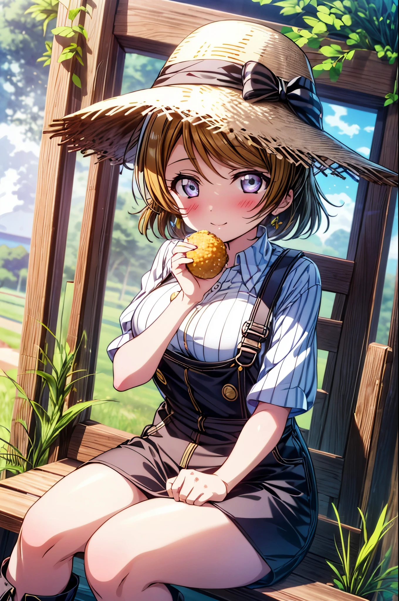 (((pixel perfect, Perfect in every detail))), alone, 1 girl, Hanayo Koizumi, brown hair,short hair,purple eyes,looking at the viewer, smile,straw hat、big breasts,sitting in a chair,eat rice balls with both hands,concealment of work　overalls,rice planting boots,Paddy field,Sunny,countryside,(masterpiece:1.2), highest quality, High resolution, unity 8k wallpaper, (shape:0.8), (beautiful and detailed eyes:1.6), highly detailed face, perfect lighting, Very detailed CG, (perfect hands, perfect anatomy),