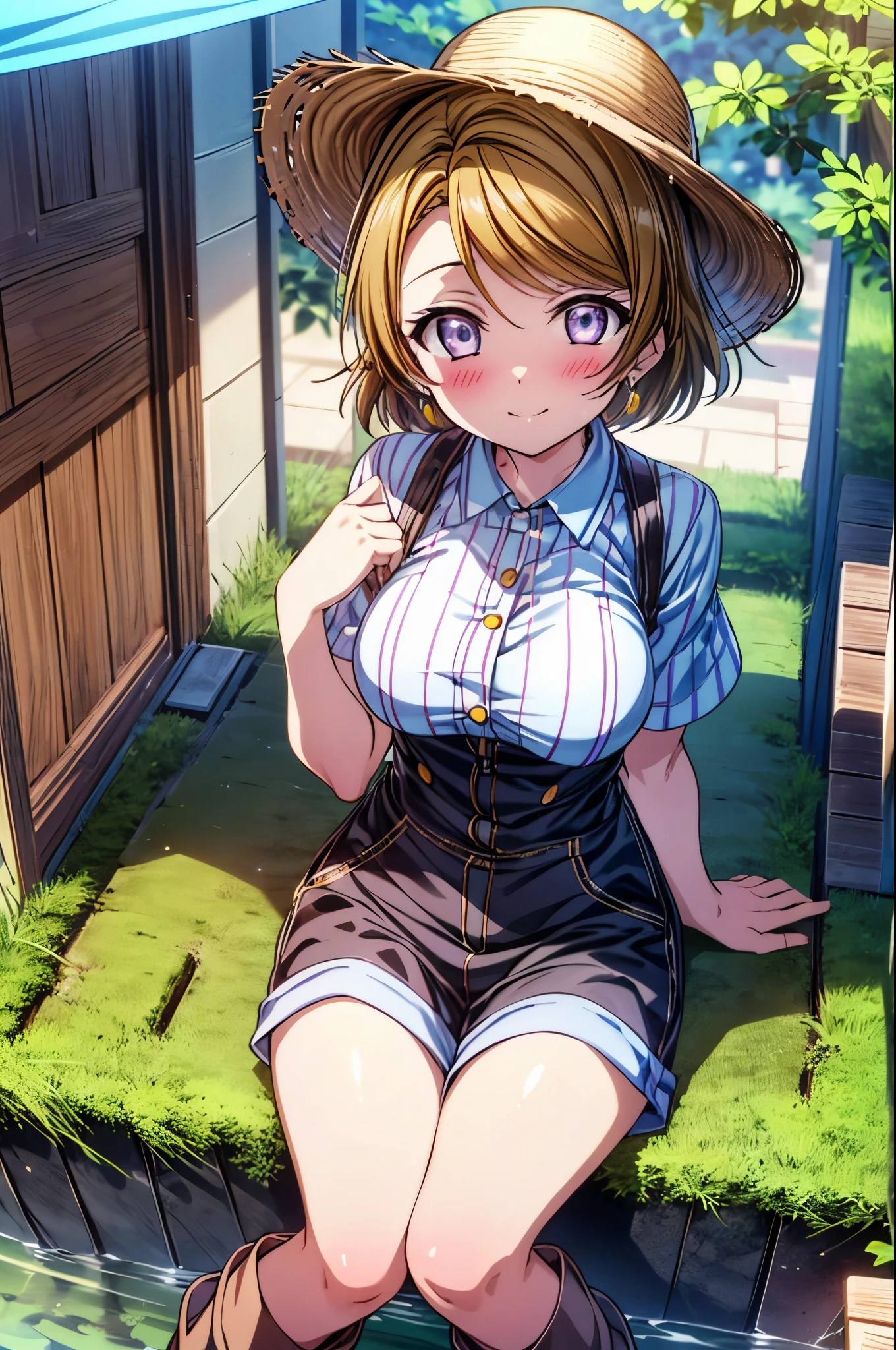 (((pixel perfect, Perfect in every detail))), alone, 1 girl, Hanayo Koizumi, brown hair,short hair,purple eyes,looking at the viewer, smile,straw hat、big breasts,sitting in a chair,eat rice balls with both hands,concealment of work　overalls,rice planting boots,Paddy field,Sunny,countryside,(masterpiece:1.2), highest quality, High resolution, unity 8k wallpaper, (shape:0.8), (beautiful and detailed eyes:1.6), highly detailed face, perfect lighting, Very detailed CG, (perfect hands, perfect anatomy),