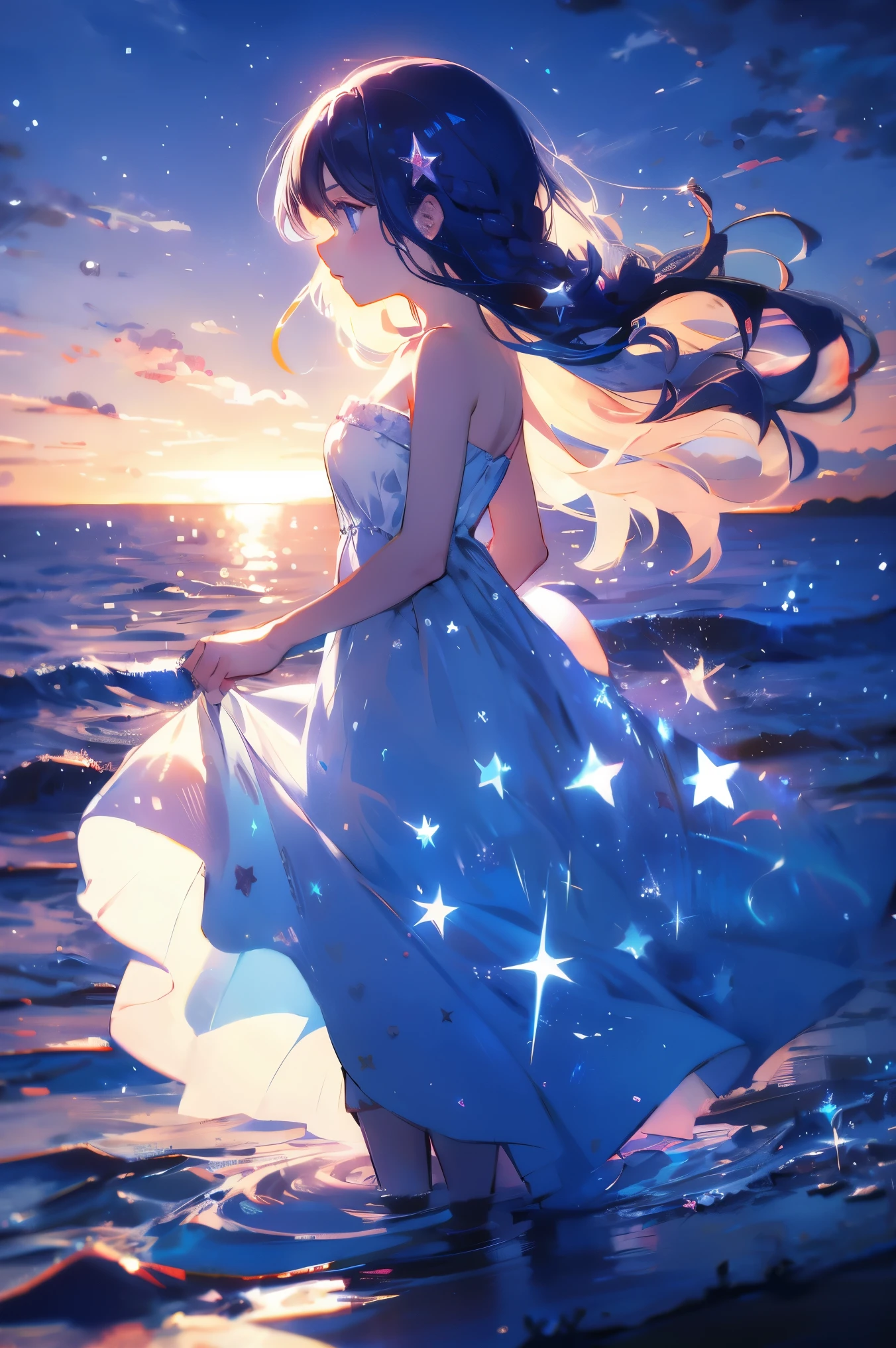 xcdd, 1girl, solo, dress, wading, star \(symbol\), long hair, skirt hold, water, white dress, bare shoulders, sky, night, glowing, blue eyes, standing, profile, bare arms, sparkle, strapless, braid, star \(sky\), strapless dress, from side, outdoors, night sky, looking away