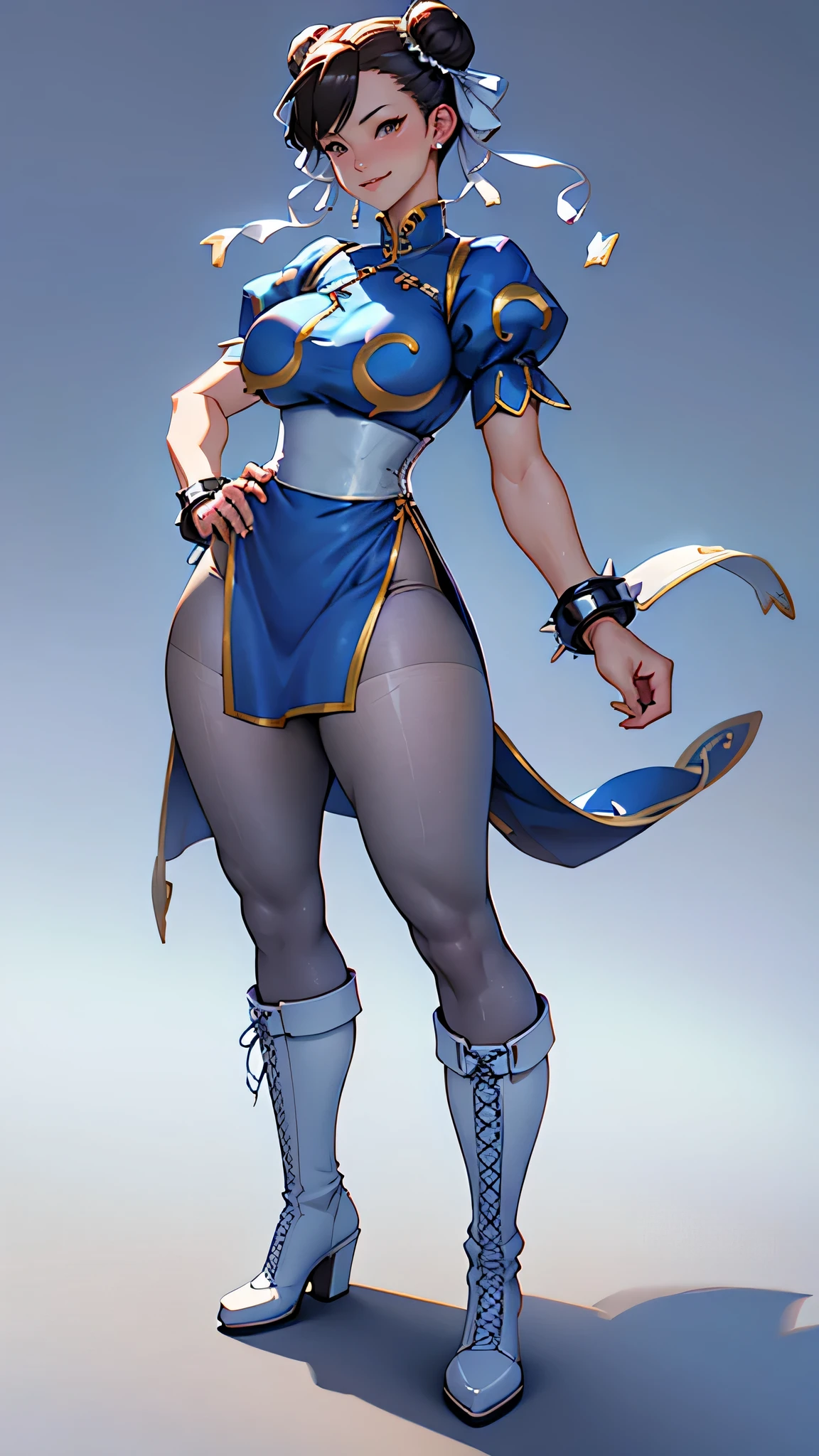 (masterpiece, best quality, realistically, Work, super detailed, 8k), chun-li,Beautiful young woman in blue dress，Smile，white boots，Exquisite facial features，tie hair, black leggings，blue clothes, blue skirt, ，front standing posture ，facing the audience，full body portrait，gray background