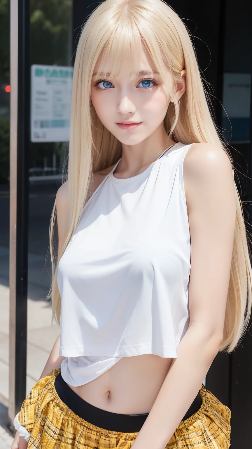 1girl in, 19, Solo, super long blonde hair, Colossal tits, Looking at Viewer, Bright blonde hair, Blonde color that changes depending on the lighting、big bright blue eyes、very big eyeessy bangs between eyes、Bare shoulders, jewely, Full body, (Very detailed 8k wallpaper), Soft lighting, High quality, Film grain, Fujifilm XT3 sharp focus, F 5.6, high detailing, Sharp Focus,(Natural light), (gros-plan:1.2), (Seductive), off shoulder t-shirt, Realistic, A sexy