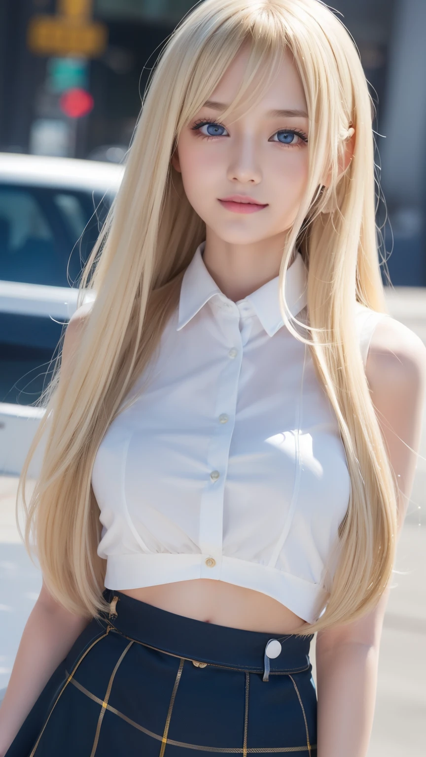 highest quality、8k masterpiece、ultra high resolution、(realistic:1.3)、RAW photo、Shining blonde Scandinavian beautiful girl、Beautiful shiny platinum blonde hair、super long straight hair、bangs between eyes、Very beautiful bright light blue eyes、very big eyes、Eyes shining towards the camera、neon details、small face beauty、round face、cheek gloss highlight、sexy big breasts,A -yeld beiful girl looks sexy and cute & cute beautiful sexy face, The strong wind blows the hair in front of my face,Beautiful super long metallic blonde straight hair with beautiful cute and sexy eyes hidden behind long bangs、Navel Shirt、Very short yellow and black checked miniskirt、Turn around and look at me with a smile、