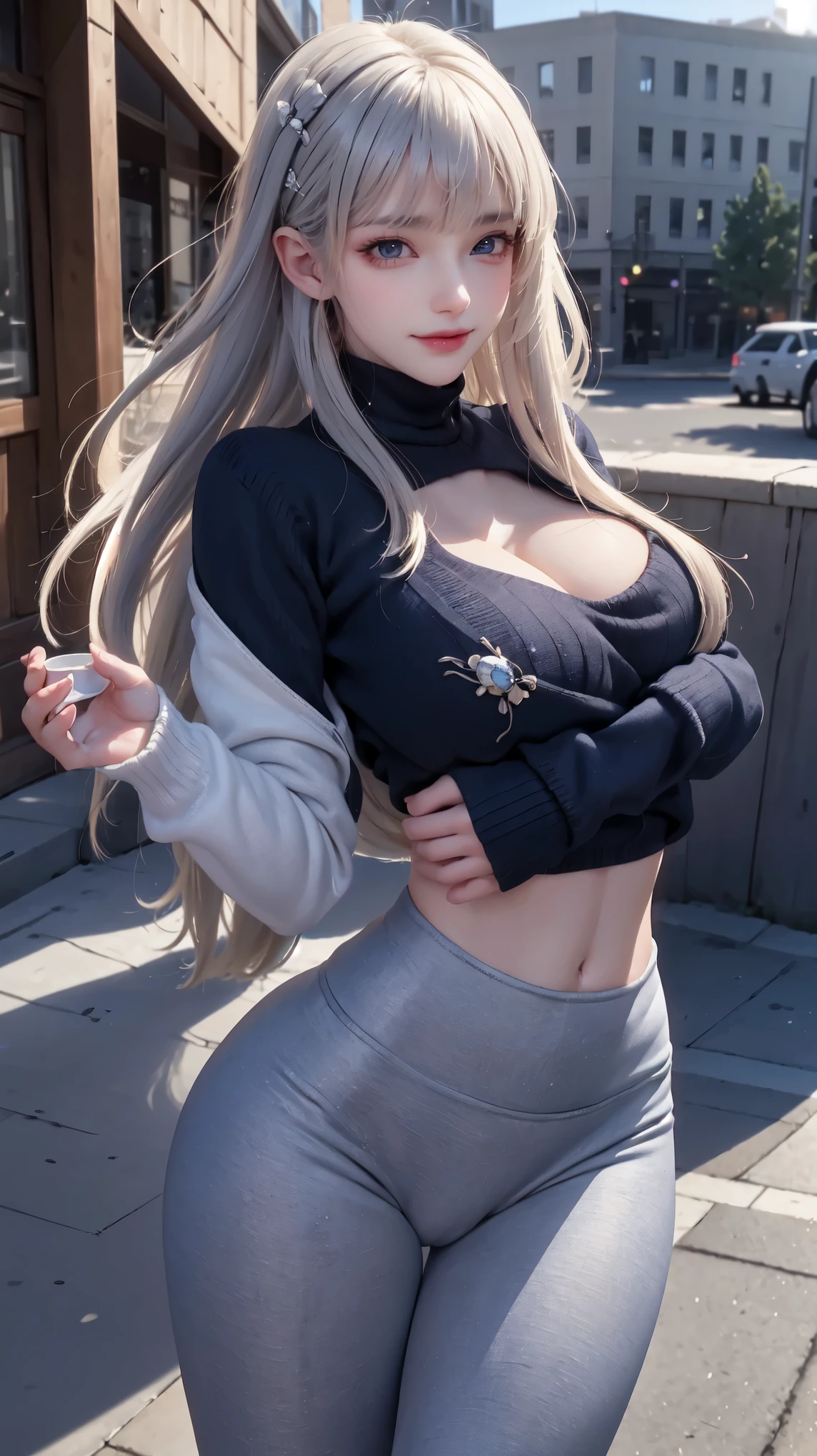 nude,NSFW,underwear,(masterpiece, best quality:1.4), (modern), (Cowboy shooting), 1 girl, alone, leave, SFW,
stunning girlfriend, (Permanently installed:1.1), dynamic poses, (White oversized sweater, Knitted sweaters:1.4), (tight yoga pants, Dark gray yoga pants:1.4), (navy blue bomber jacket, denim jacket:1.4), long golden hair, Sweep bangs, heart shaped face, Elegant face, pretty face, Highly detailed face, highly refined skin, skin pores, subsurface scattering, (Detailed blue eyes), actual pupils, Big breasts, smile full of love, looking at the audience, full face blush, plump lips, holding a coffee cup, center,
Coffee shop in the background, city street, sunny, wind, Detailed background, depth of field, atmospheric perspective, Volumetric lighting, sharp focus,
Ridiculous, actual proportions, good anatomy, (actual, hyperactual:1.4), 16K high dynamic range,