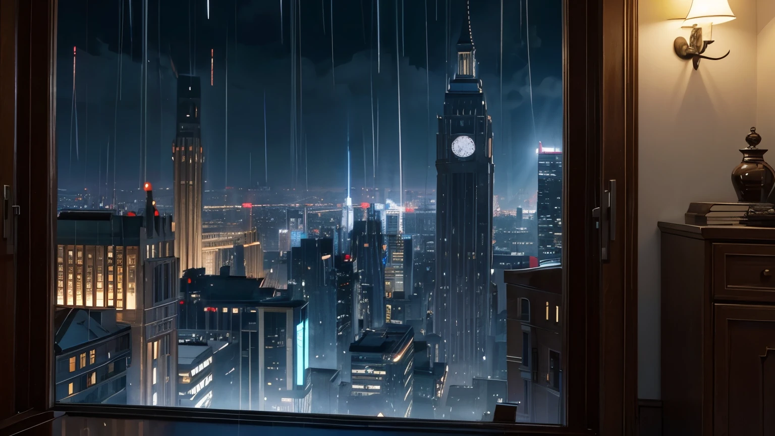 an open window, showing several buildings, huge, beautiful, current, showing the sky, dark sky, raining, the scene is an impressive mix of realism and fantasy, high quality image, first person image