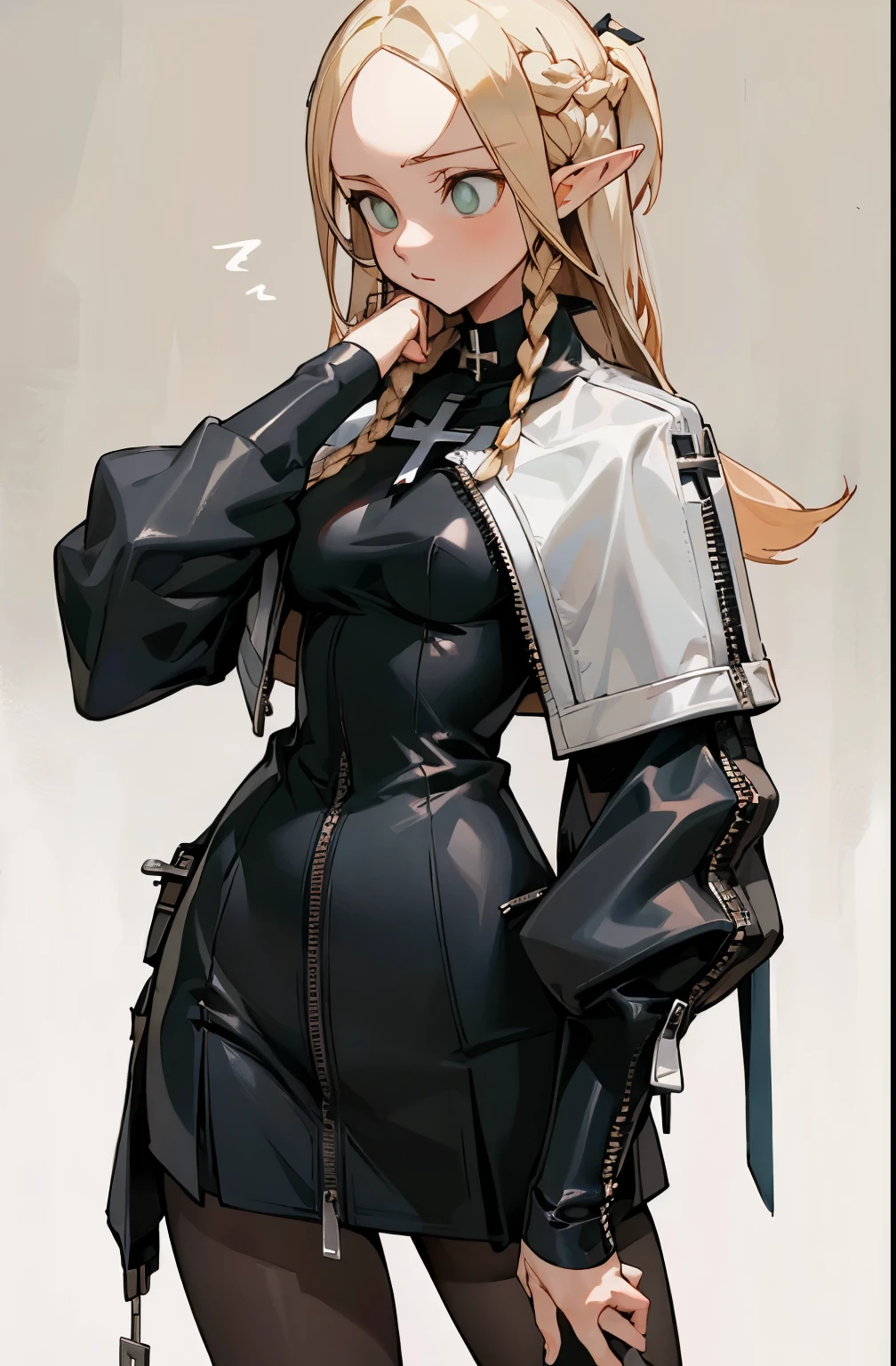 (masterpiece, best quality) detailed, Wearing black tights, silver accessories , zipper unzipped , blonde ,elegant, pointed ears ,nuns clothing,zipper clothes,cross,cross decoration