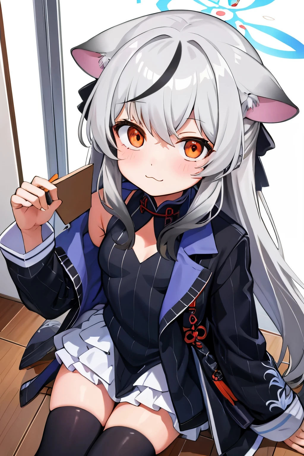 tmasterpiece, best qualtiy, ultra - detailed, 1girll,Gray hair Kokona, inside in room, Orange eye, :3,the face, closeup cleavage, Winter suit, winter wonder