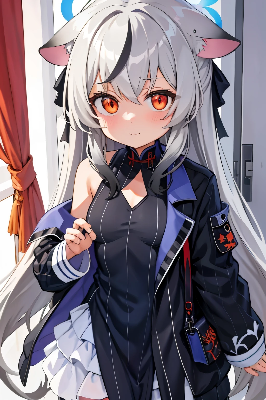 tmasterpiece， best qualtiy， ultra - detailed， 1girll，Gray hair Kokona， inside in room， Orange eye， ：3，the face,  closeup cleavage,  Winter suit, winter wonder