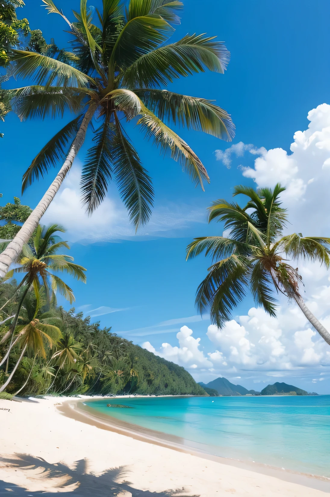 HD pictures, blue sky, long bay, beach, gentle waves, coconut tree