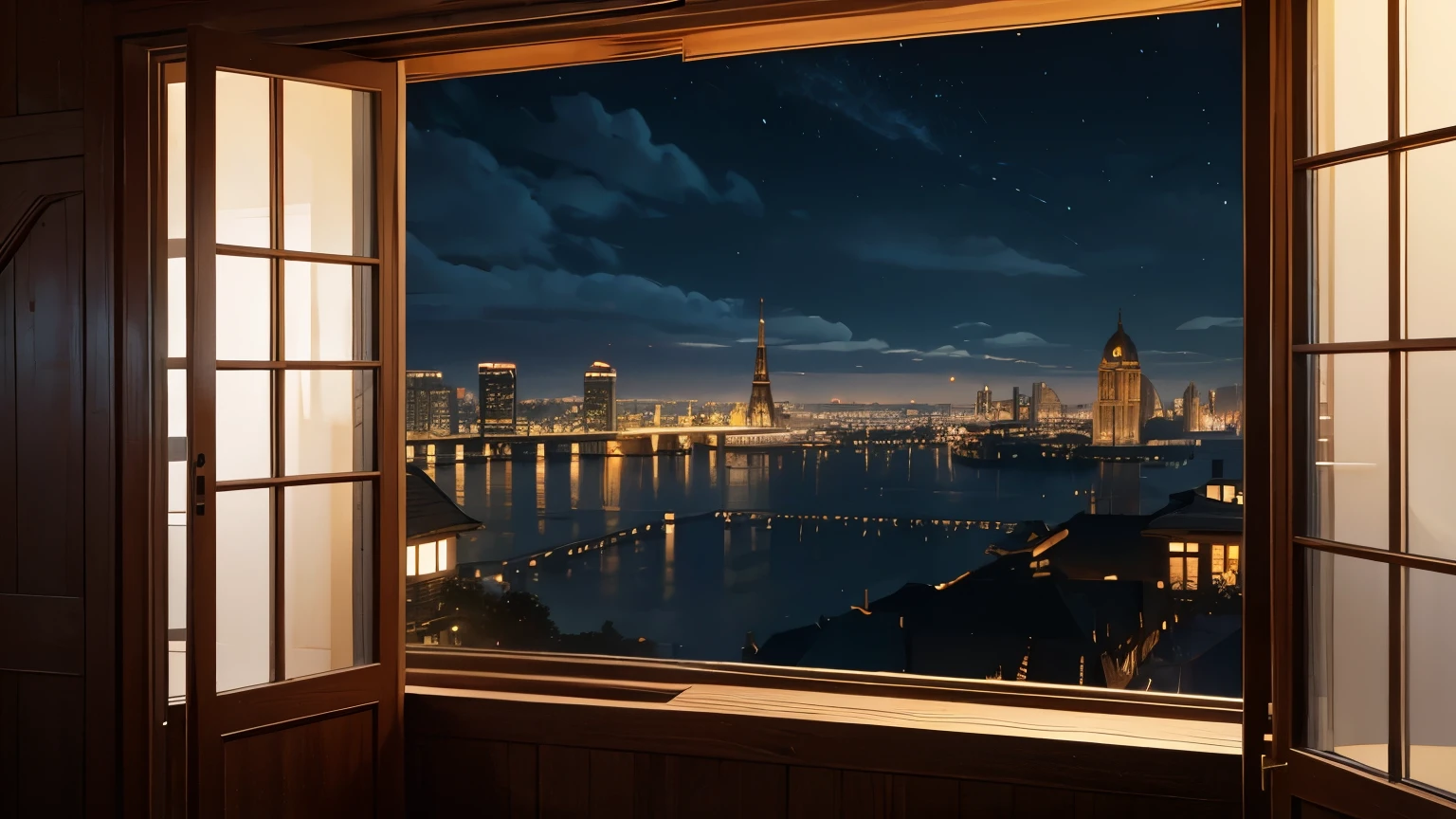 an open window, showing several buildings, huge, beautiful, current, showing the sky, dark sky, raining, the scene is an impressive mix of realism and fantasy, high quality image, first person image