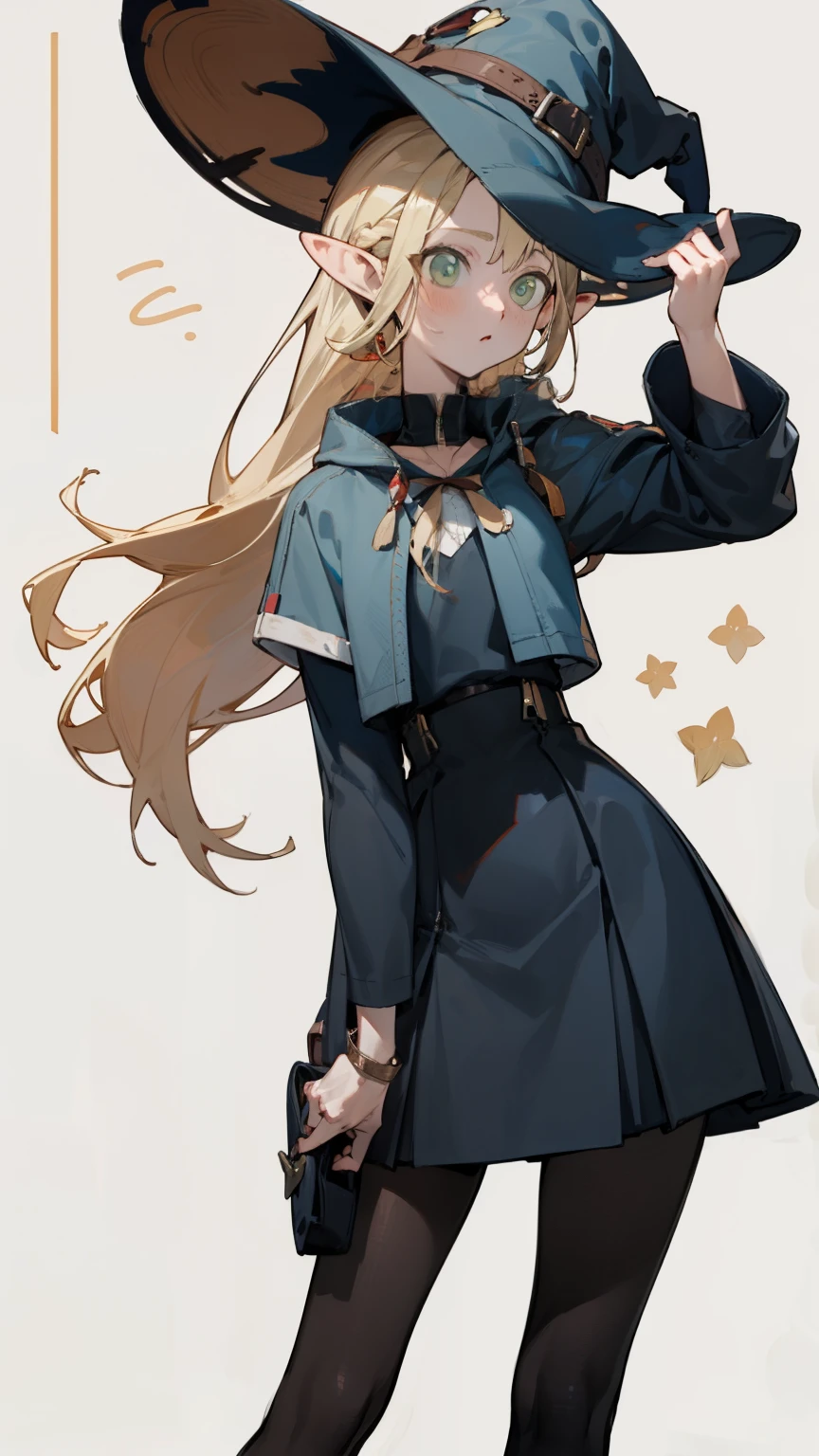 (masterpiece, best quality) detailed, 1character ,  Wearing black tights, silver accessories , zip up , blonde ,elegant, pointed ears ,witch服装，witch