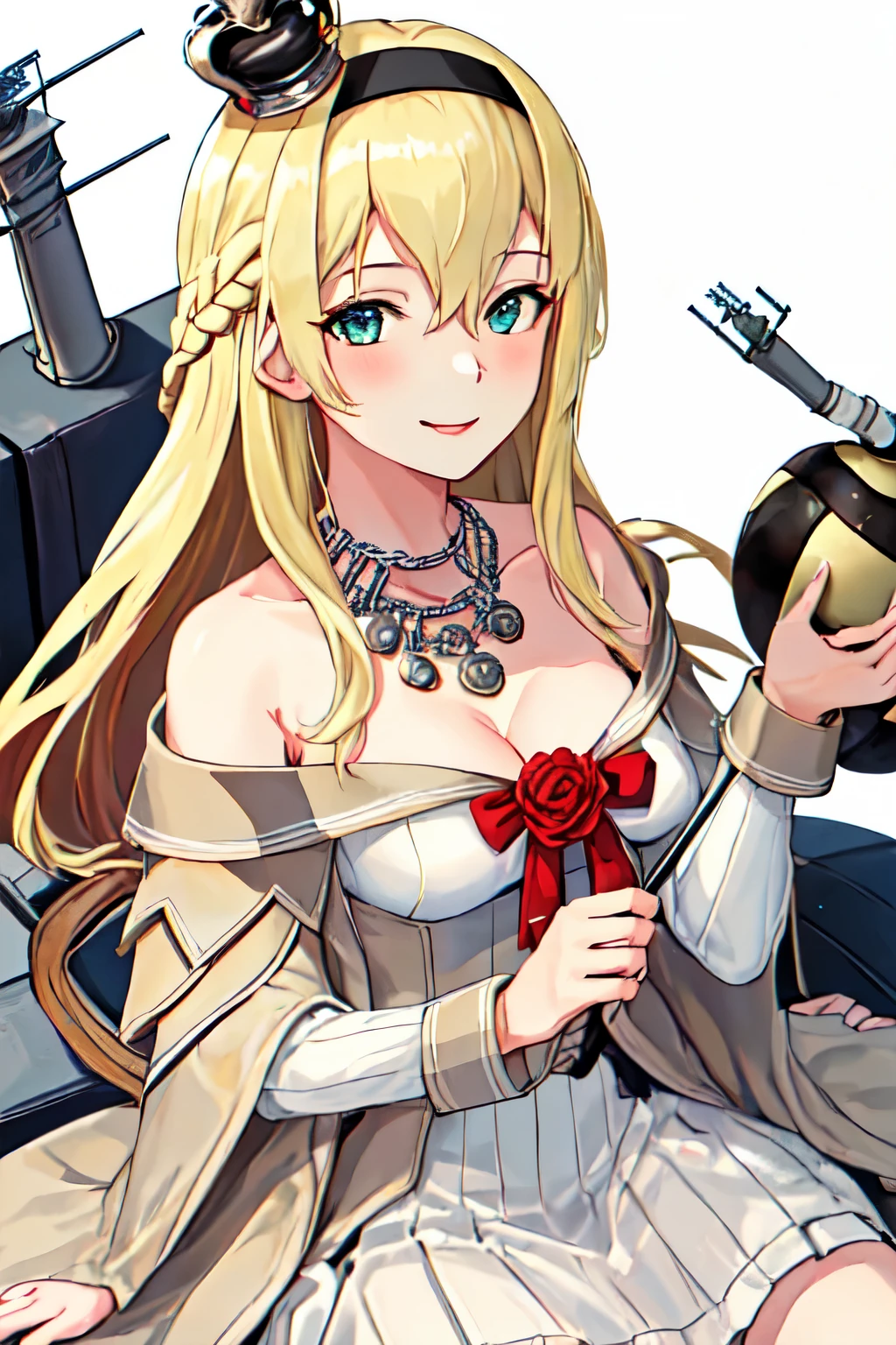 highest quality, masterpiece, High resolution, 一人in, {Warspite_Fleet Collection:1.15}, blonde_hair, length_hair, green_eye, Braid, French_Braid, hairband, crown, mini_crown, chest, hair_between_eye, smile, flower, big_chest, 1 girl, hair_ornament, looking for_in_viewer, alternine_costume, white_hairband, hair_flower, red_flower, upper_body, dress, short_sleeve, white_dress, white_background