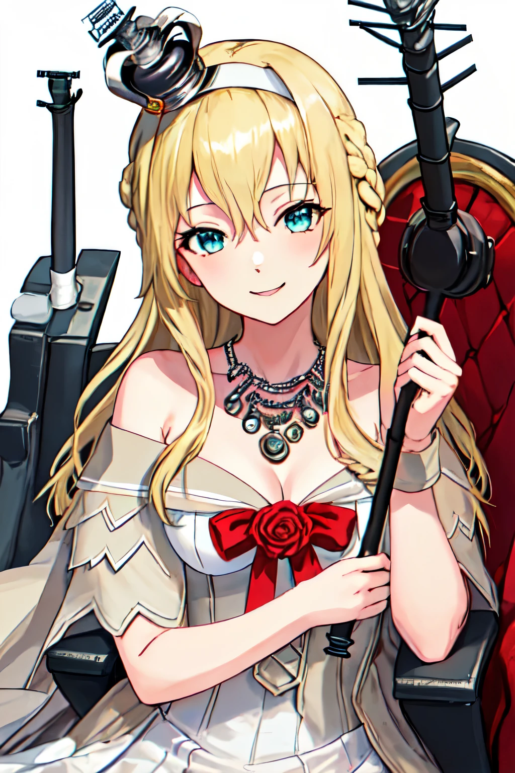 highest quality, masterpiece, High resolution, 一人in, {Warspite_Fleet Collection:1.15}, blonde_hair, length_hair, green_eye, Braid, French_Braid, hairband, crown, mini_crown, chest, hair_between_eye, smile, flower, big_chest, 1 girl, hair_ornament, looking for_in_viewer, alternine_costume, white_hairband, hair_flower, red_flower, upper_body, dress, short_sleeve, white_dress, white_background