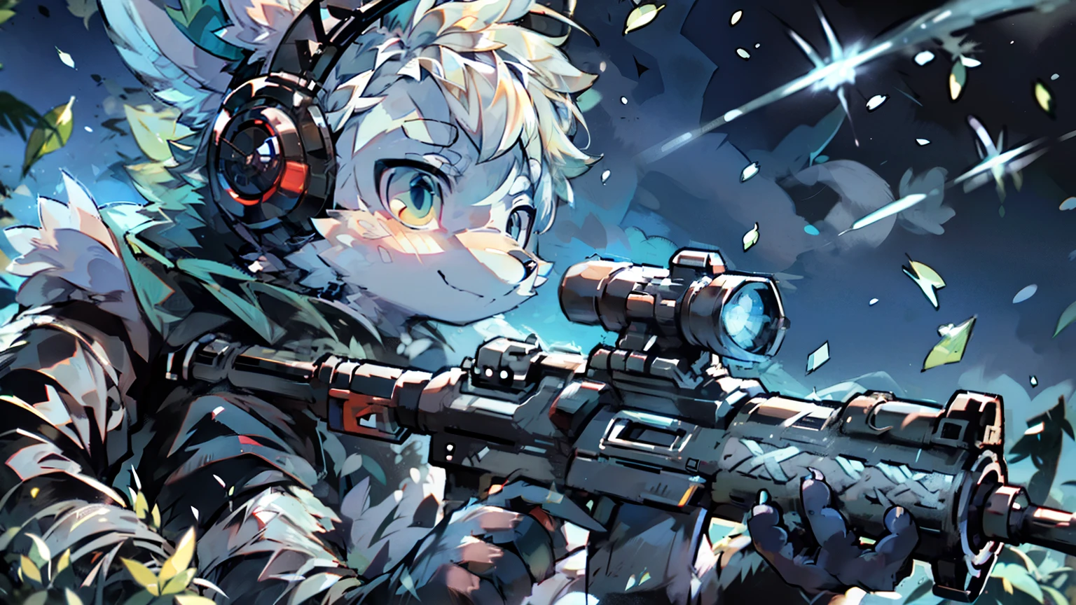 Anthropomorphic furry kemono style rabbit, wearing medieval armor, with white fur, carrying in his hand a magical assault rifle, with vibrant blue colors, in a blizzard, doing reconnaissance, with a modern headset, anime, dark ambiance, lighting of the moon and magic, niji journey

