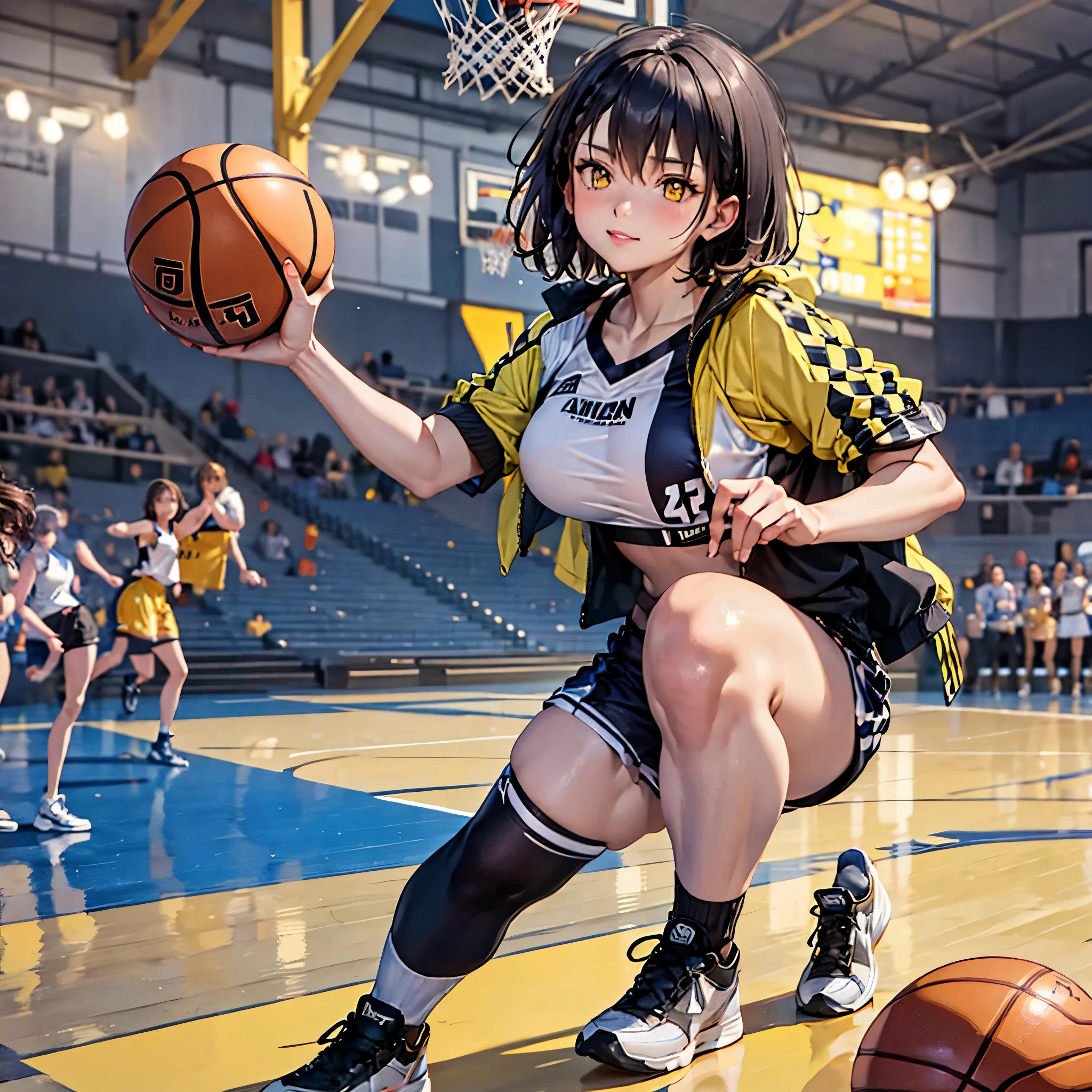 a woman in sportswear on a basketball court, short brown hair, yellow eyes.
