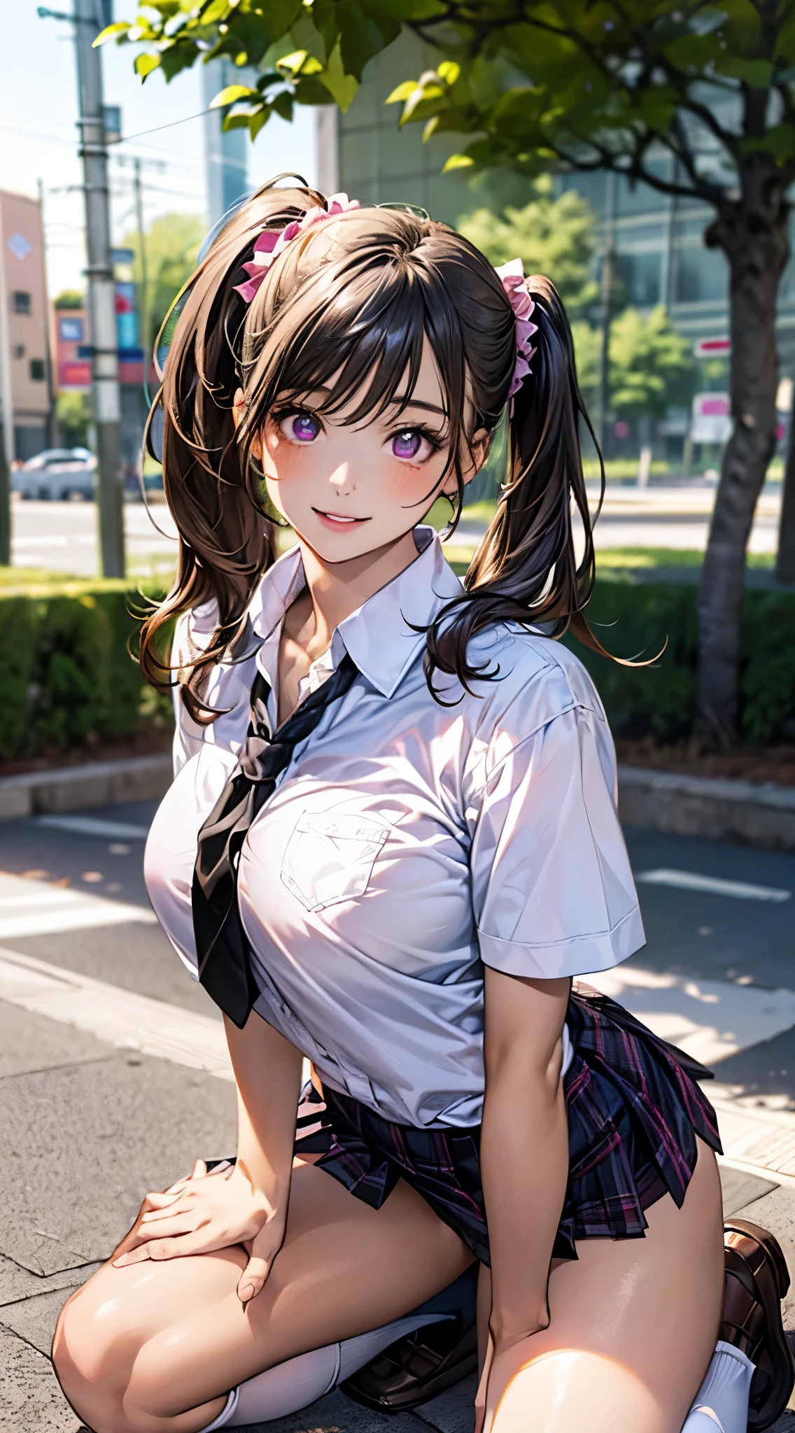 (masterpiece:1.2, Highest quality), Ultra-high resolution, Super detailed, (Realistic, photoRealistic:1.4), Beautiful illustrations, Perfect lighting, colorful, Depth of written boundary,
View your viewers, whole body, Front view:0.6, 1 Girl, alone, Japanese, high school girl, Improve, (Large Breasts:0.8, Big Ass, Captivating thighs, Skin Dentition),
(Long Hair:1.5, Side Ponytail), Light Brown Hair, Asymmetrical bangs, Purple eyes, Part your lips, (Very tanned and shiny skin),
Beautiful Hair, Beautiful Face, Highly detailed face, Beautiful attention to detail, Beautiful clavicle, Beautiful body, Beautiful breasts, Beautiful thighs, Beautiful feet, Beautiful fingers,
(Beautiful views), Daytime, Outdoor,
((Collared short-sleeved shirt, White shirt, , pink plaid pleated skirt, Black tie)), White panties, Polka dot hair scrunchie,
(Kneel, Sexy pose), (A seductive smile),