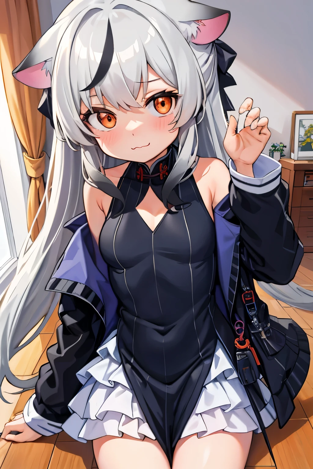 tmasterpiece, best qualtiy, ultra - detailed, 1girll,Gray hair Kokona, inside in room, Orange eye, :3,the face, closeup cleavage, Winter suit, winter wonder