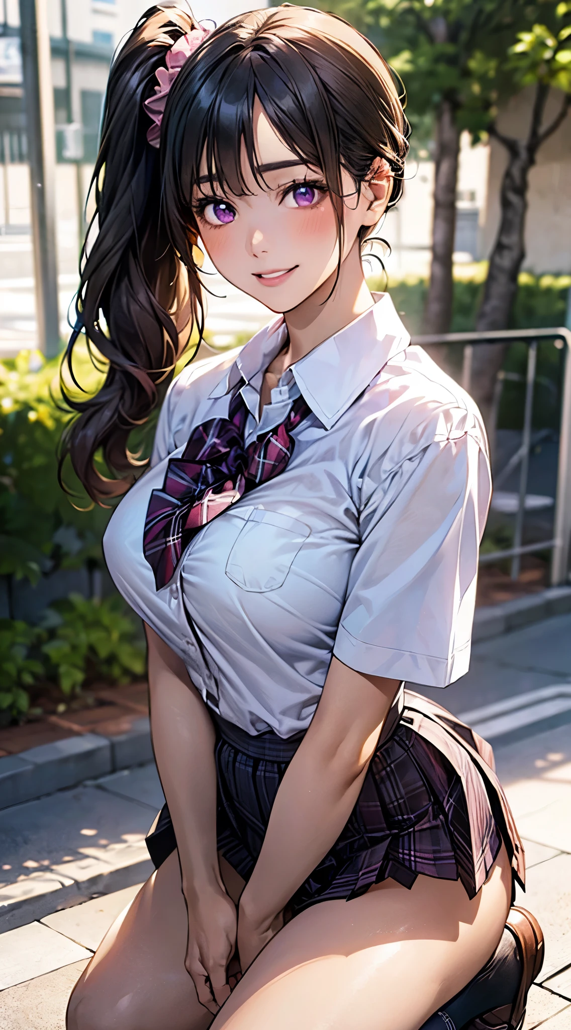 (masterpiece:1.2, top-quality), ultra high res, ultra detailed, (realistic, photorealistic:1.4), beautiful illustration, perfect lighting, colorful, depth of fields, 
looking at viewer, full body, front view:0.6, 1 girl, solo, japanese, high school girl, gyaru, (large breasts:0.8, large ass, seductive thighs, skindentation),
(long hair:1.5, side ponytail), light brunette hair, asymmetrical bangs, purple eyes, parted lips, (very tanned shiny skin), 
beautiful hair, beautiful face, extremely detailed face, beautiful detailed eyes, beautiful clavicle, beautiful body, beautiful chest, beautiful thigh, beautiful legs, beautiful fingers, 
(beautiful scenery), daytime, outdoor,
((collared short sleeve shirt, white shirt, school uniform, pink plaid pleated skirt, black tie)), white panties, polka dot hair scrunchie, 
(kneeling, sexy pose), (seductive-smile), 