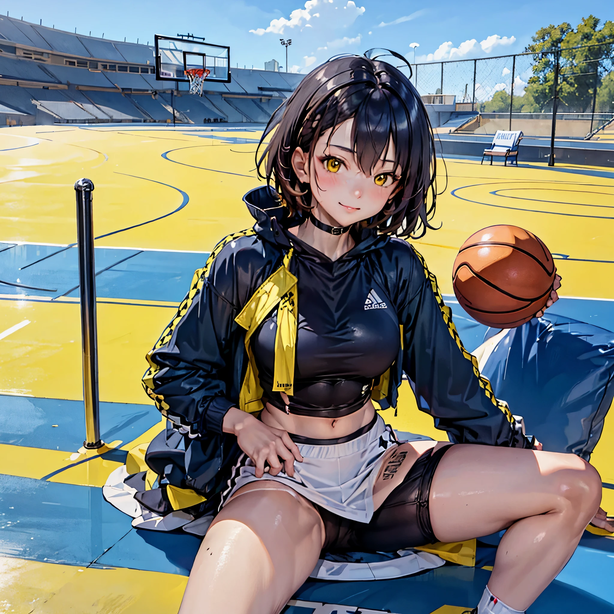 a woman in sportswear on a basketball court, short brown hair, yellow eyes.
