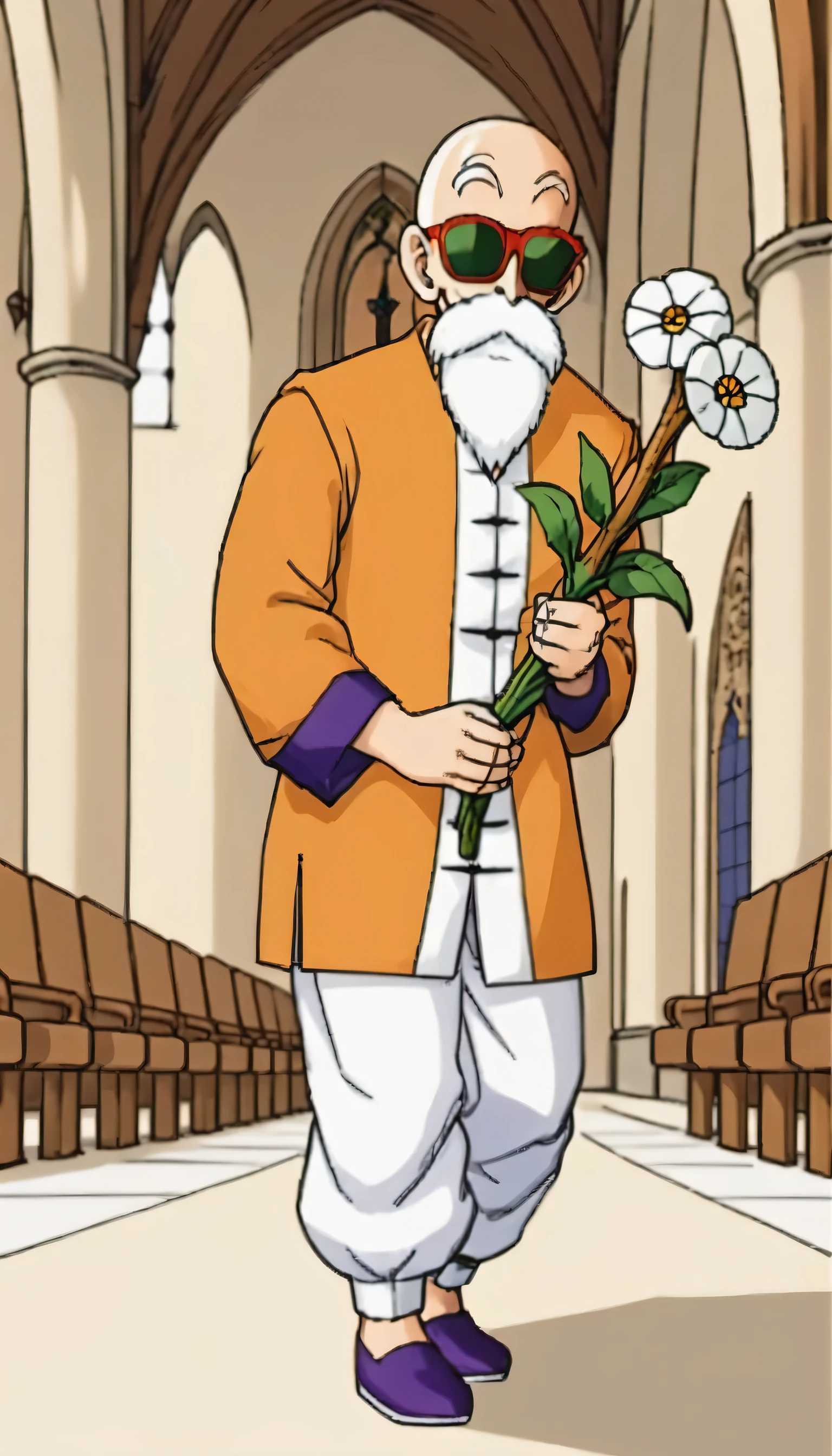 90s color comic style，Works by Akira Toriyama，dragon ball character master rosy，hand holding white flower，church background，full-body shot