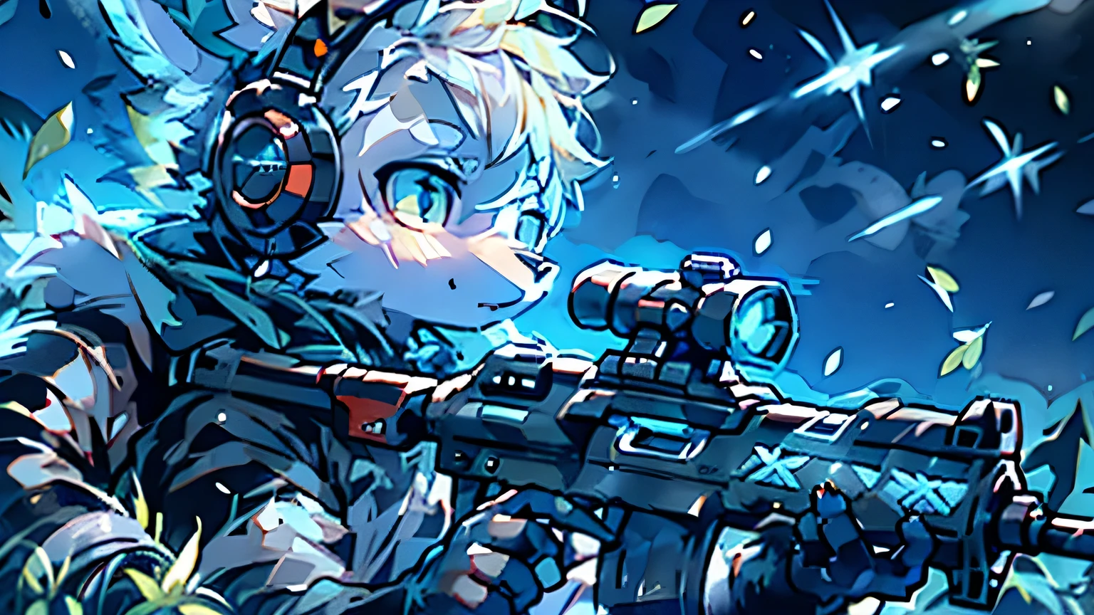Anthropomorphic furry kemono style rabbit, wearing medieval armor, with white fur, carrying in his hand a magical assault rifle, with vibrant blue colors, in a blizzard, doing reconnaissance, with a modern headset, anime, dark ambiance, lighting of the moon and magic, niji journey
