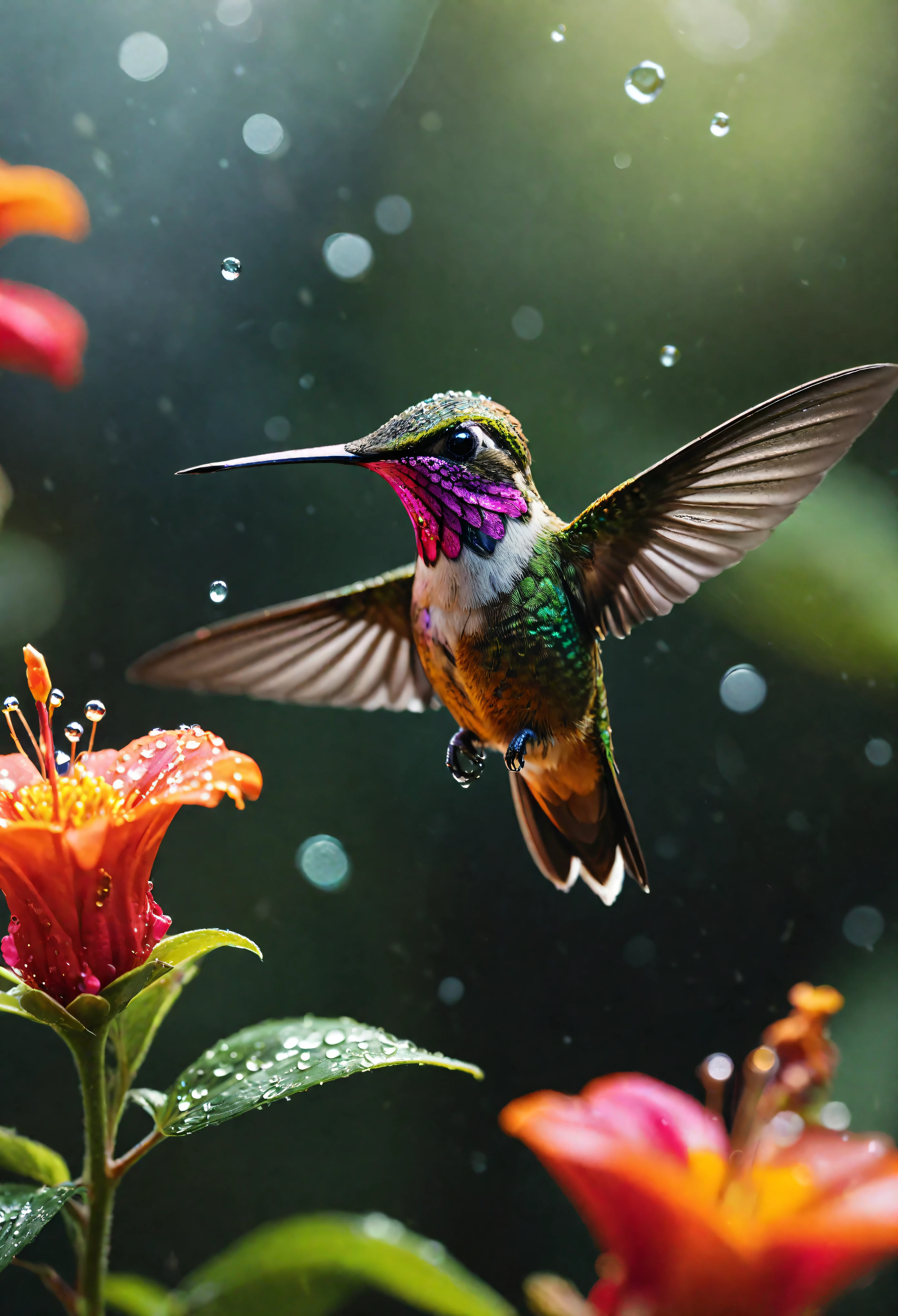 ((Masterpiece in maximum 16K resolution):1.6),((soft_color_photograpy:)1.5), ((Ultra-Detailed):1.4),((Movie-like still images and dynamic angles):1.3), ((motion blur):1.2) | (Macro shot cinematic photo of a Exotic Hummingbird at a flower), (hummingbird wrist flick), (macro lens), (pollen), (dewdrops), (shimmer), (visual experience) ,(Realism), (Realistic),award-winning graphics, dark shot, film grain, extremely detailed, Digital Art, rtx, Unreal Engine, scene concept anti glare effect, All captured with sharp focus.