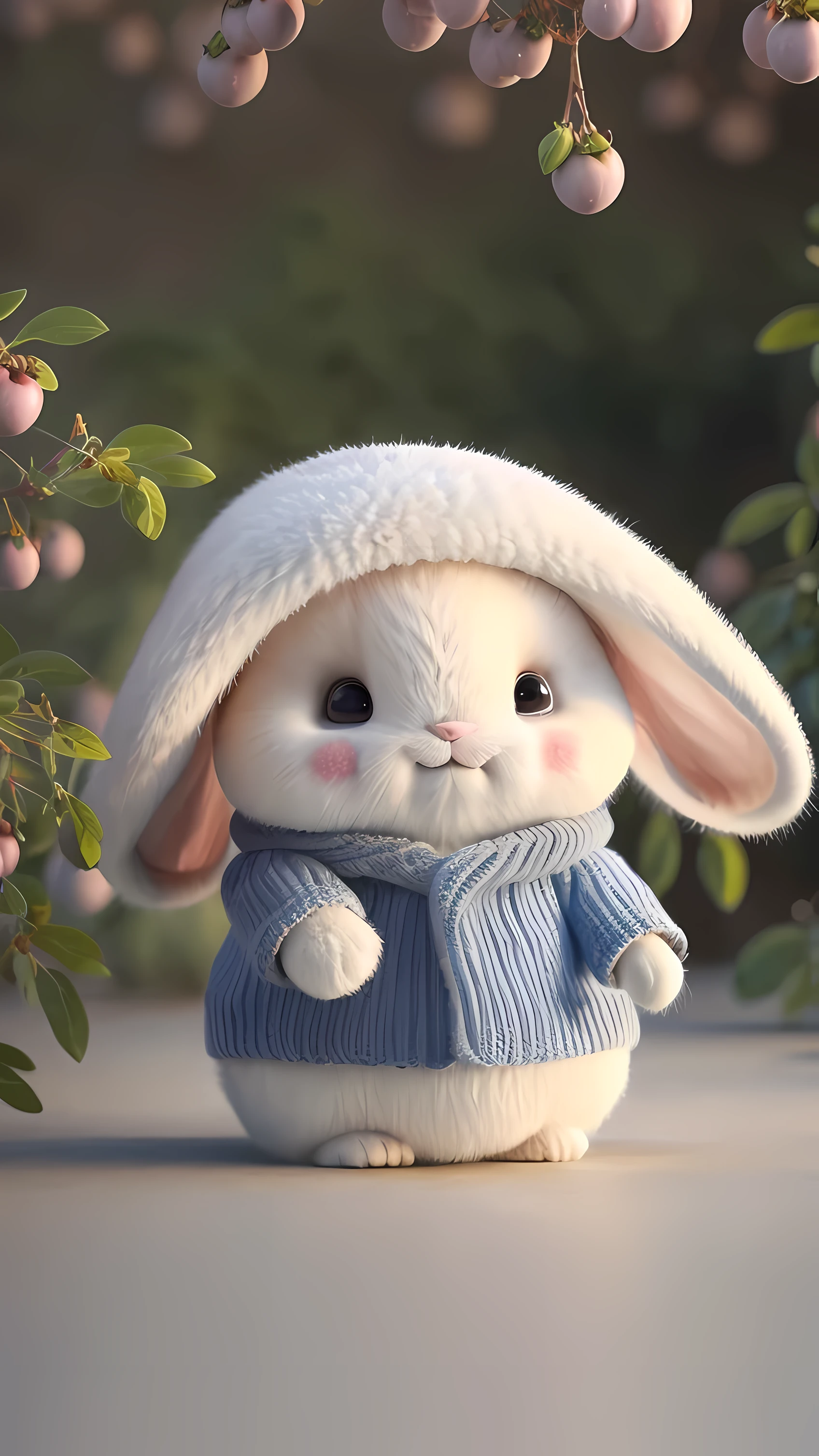 (masterpiece, Award-winning, best quality, high resolution) 3d illustration, 1 cute fluffy bunny, wearing an outfit, Lying on a bed of juicy ripe fruits, Surrounded by colorful orchards.
